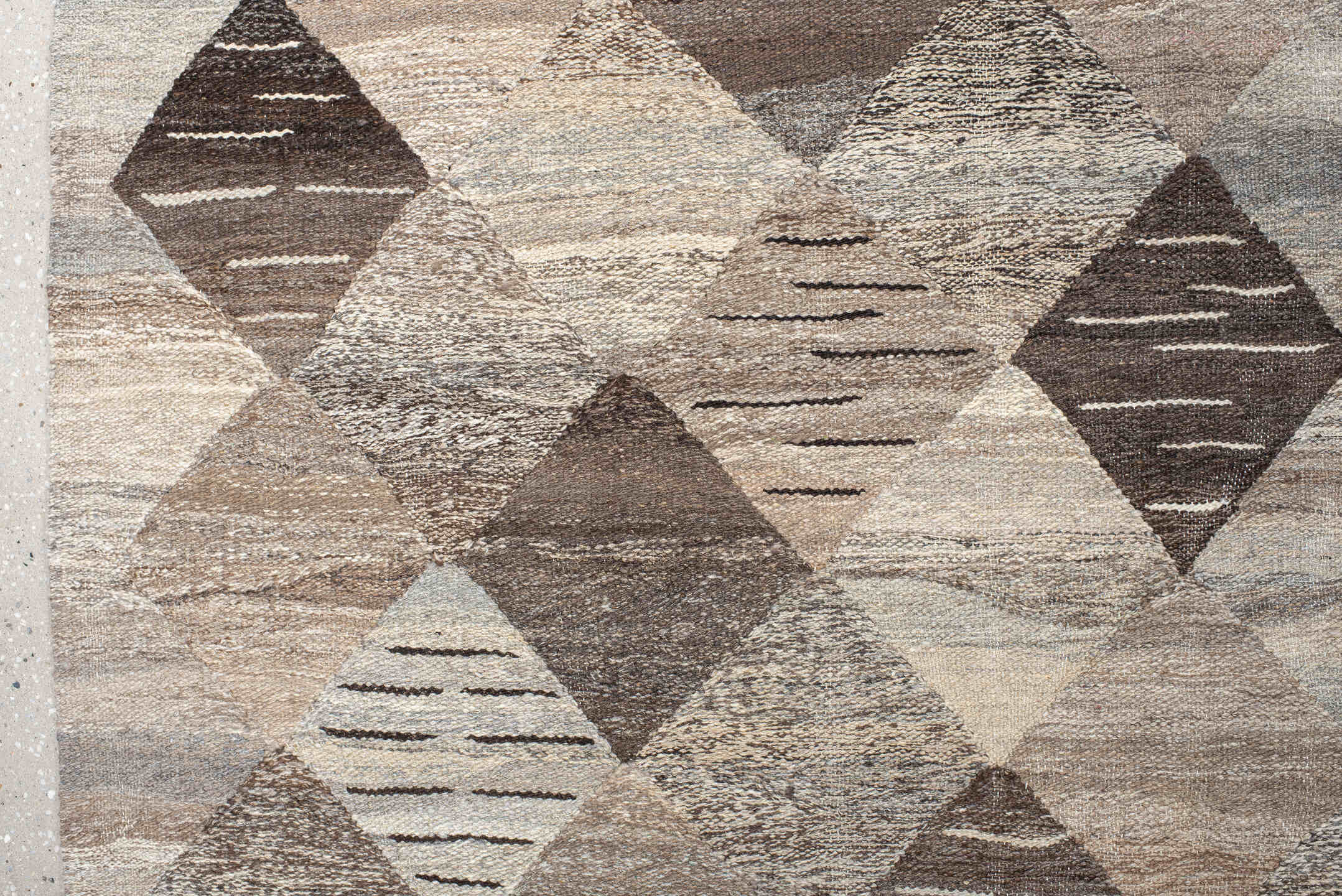 12' x 16' one-of-a-kind handmade vintage Kilim oversize rug. Color palette: taupe, ivory, charcoal, beige, gray, cream