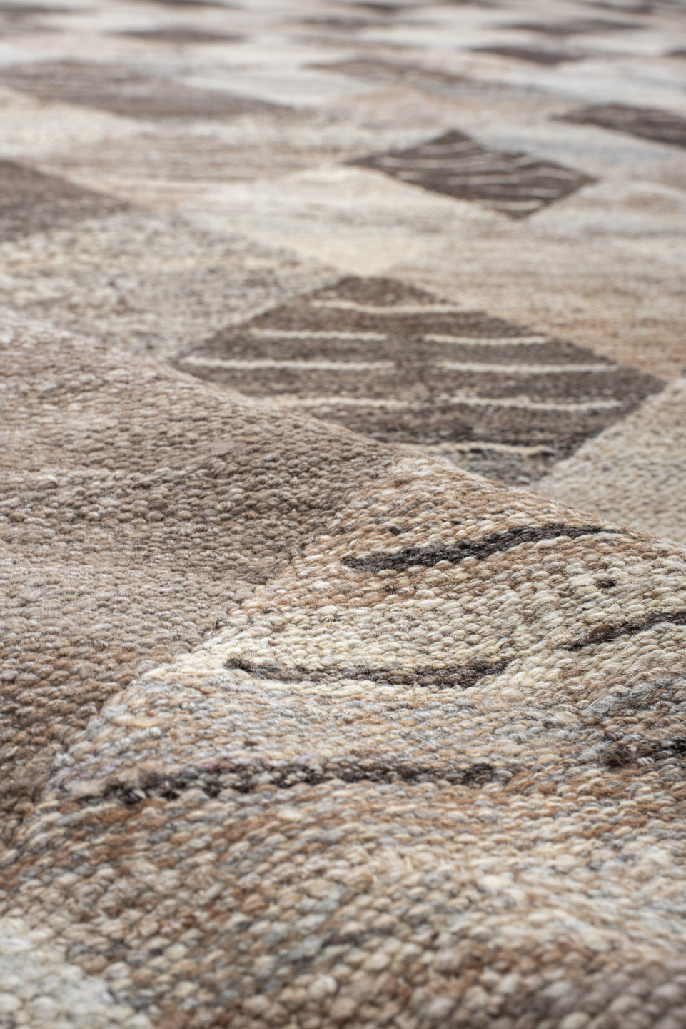 12' x 16' one-of-a-kind handmade vintage Kilim oversize rug. Color palette: taupe, ivory, charcoal, beige, gray, cream