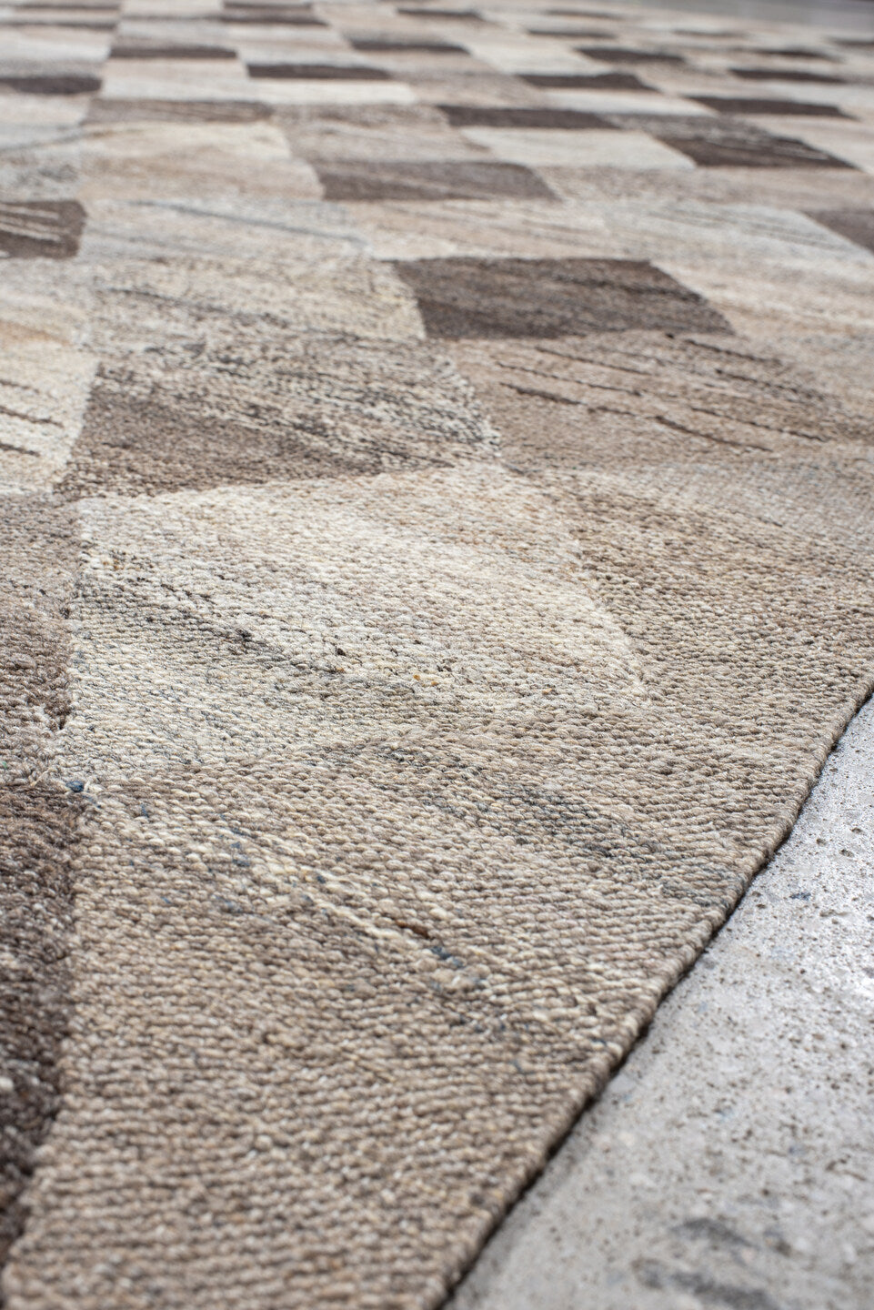 12' x 16' one-of-a-kind handmade vintage Kilim oversize rug. Color palette: taupe, ivory, charcoal, beige, gray, cream