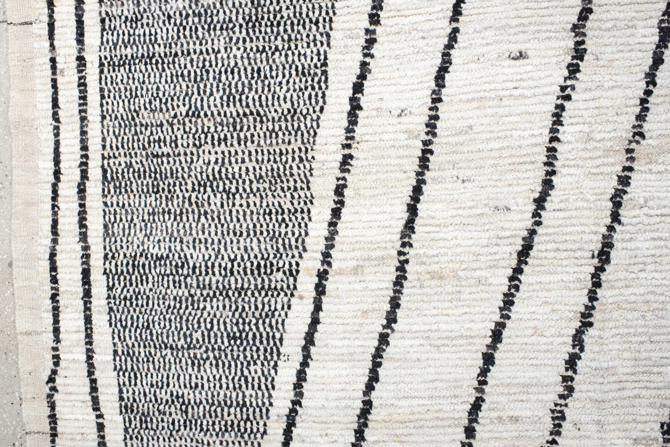 13' x 15' one-of-a-kind handmade vintage Tulu oversize rug. Color palette: ivory, charcoal, gray, black