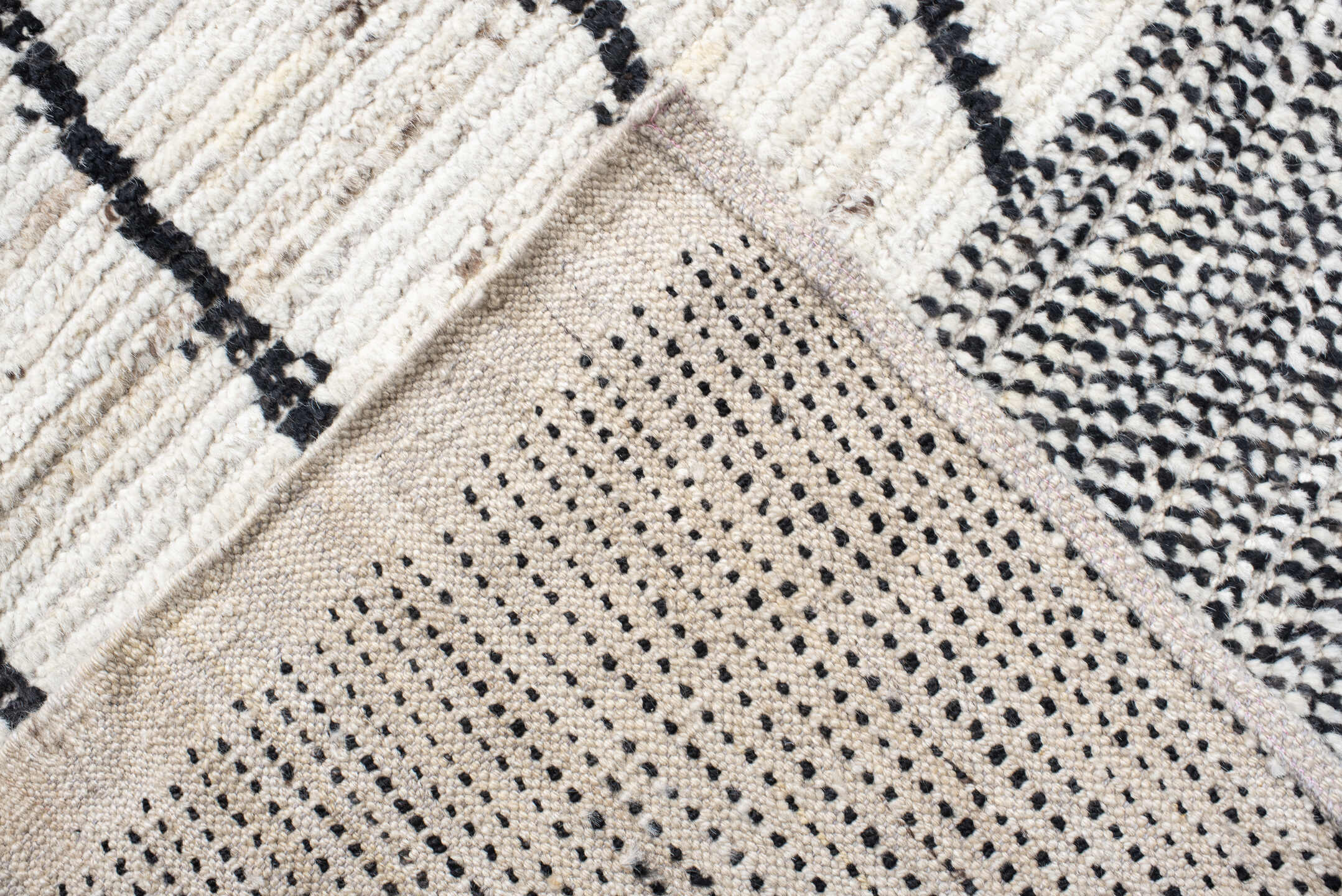 13' x 15' one-of-a-kind handmade vintage Tulu oversize rug. Color palette: ivory, charcoal, gray, black