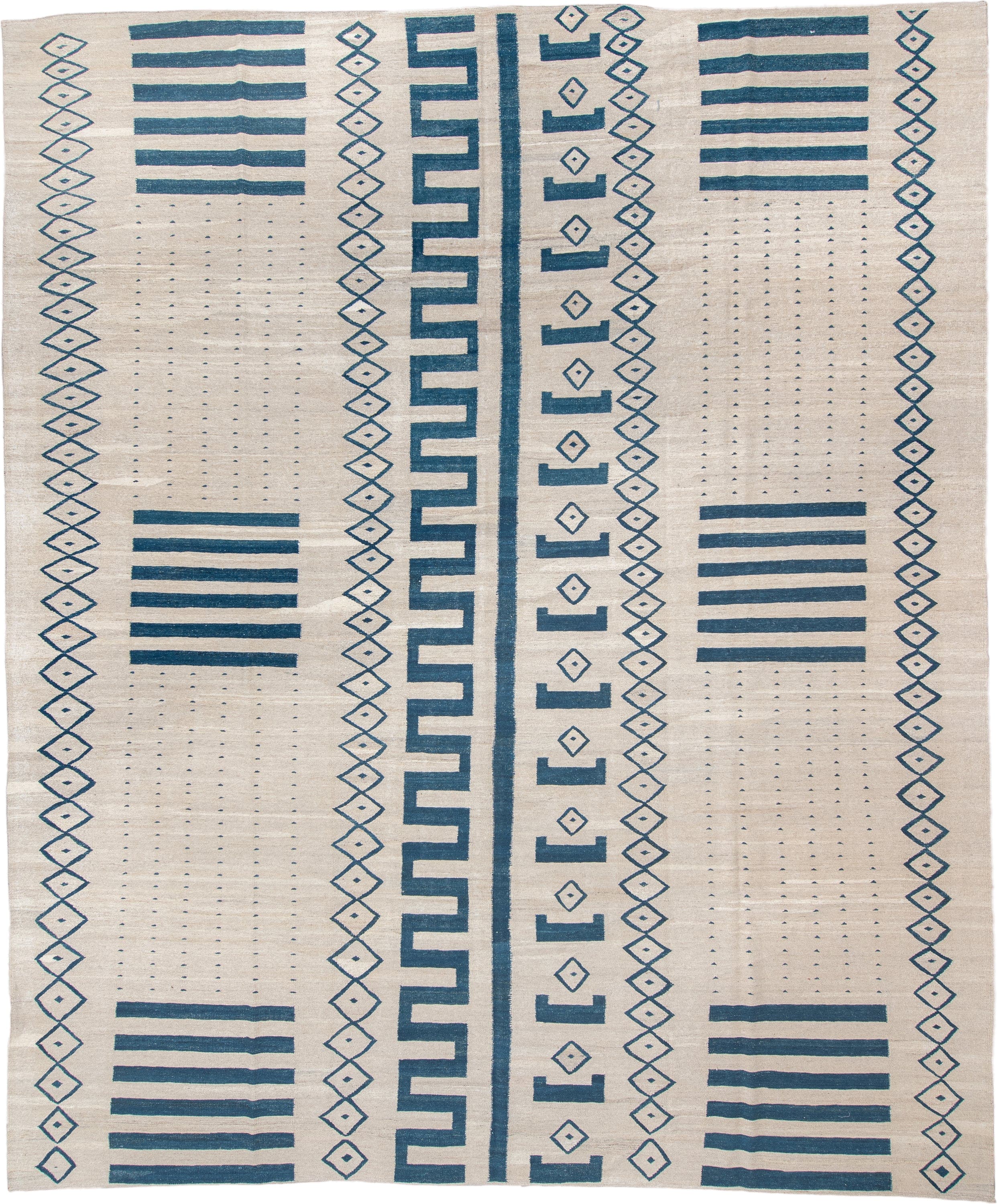 13' x 15' one-of-a-kind handmade vintage Kilim oversize rug. Color palette: ivory, teal, slate, gray