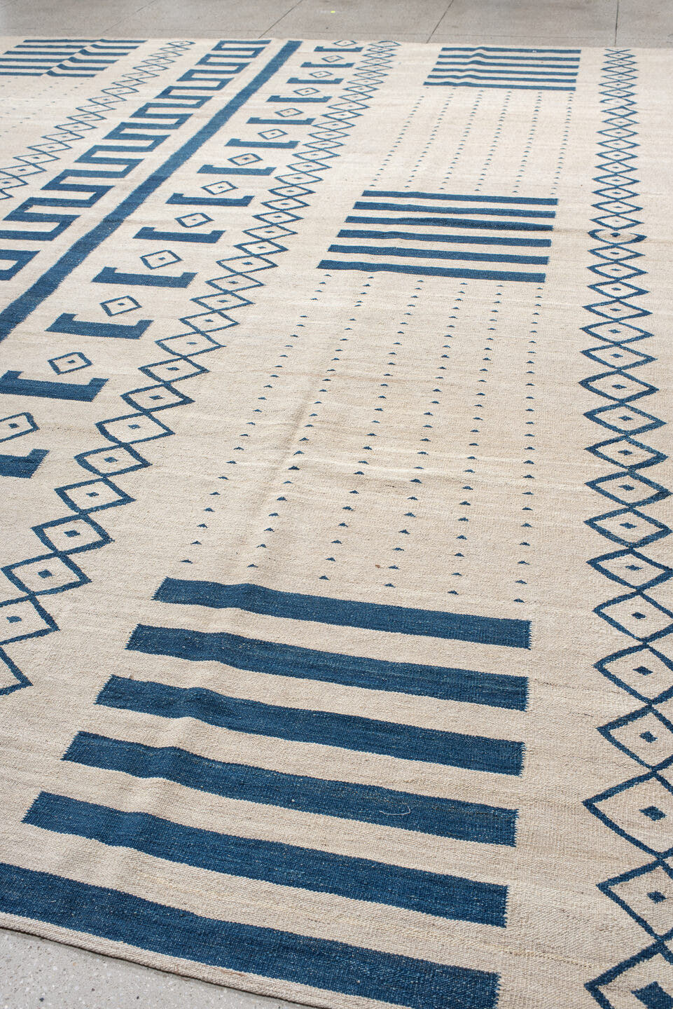 13' x 15' one-of-a-kind handmade vintage Kilim oversize rug. Color palette: ivory, teal, slate, gray