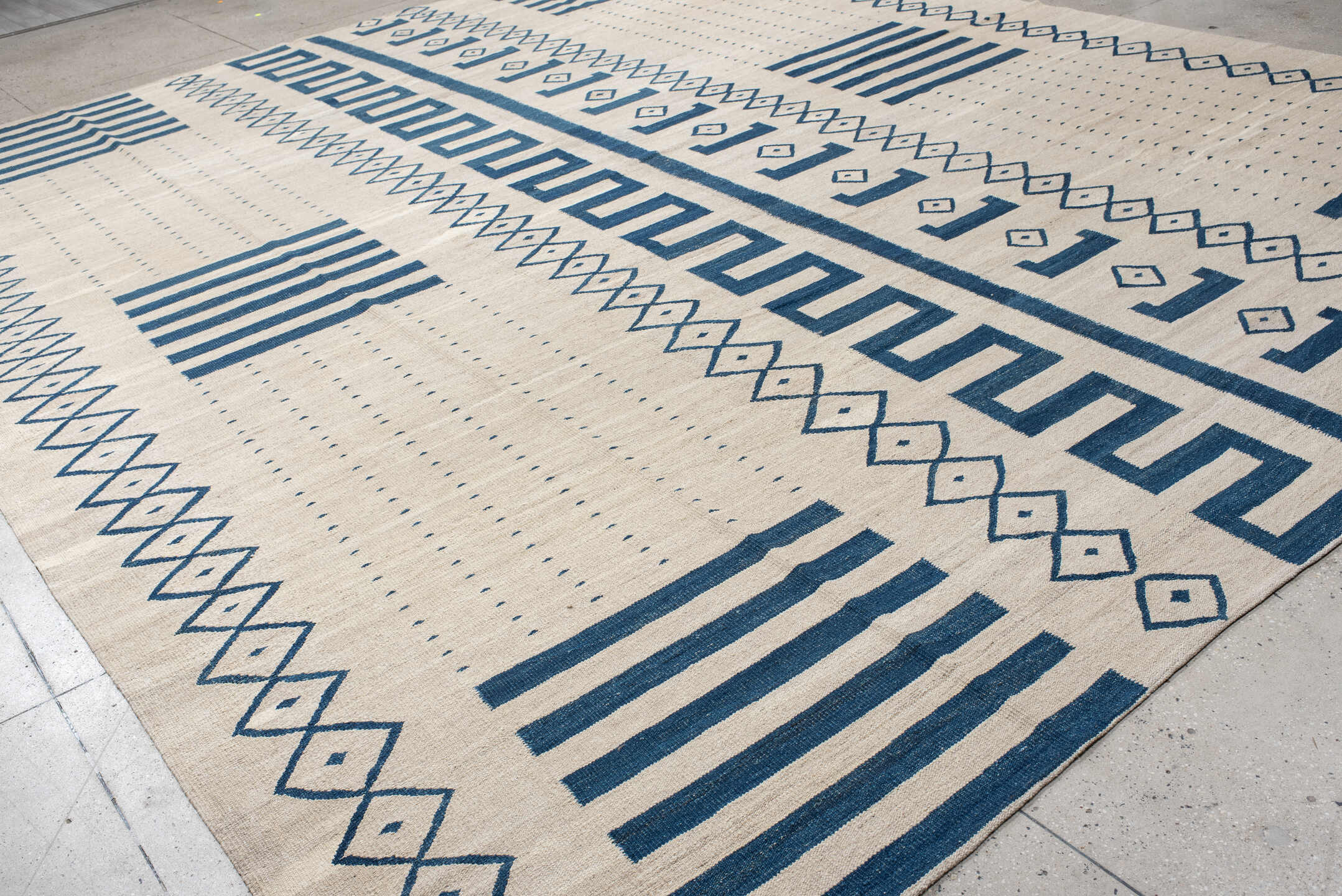 13' x 15' one-of-a-kind handmade vintage Kilim oversize rug. Color palette: ivory, teal, slate, gray