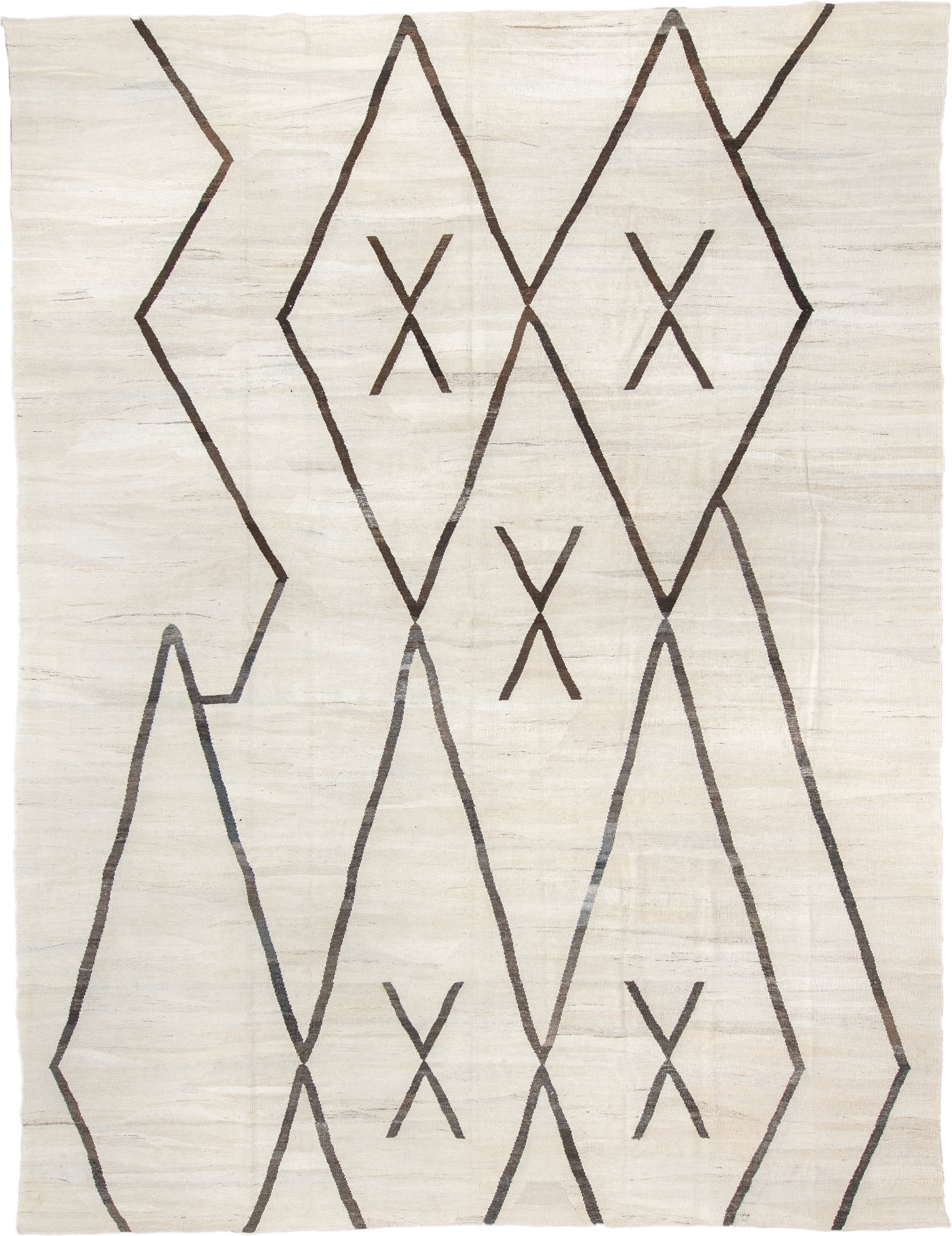 12' x 16' one-of-a-kind handmade vintage Kilim oversize rug. Color palette: ivory, charcoal, taupe, gray, black, beige