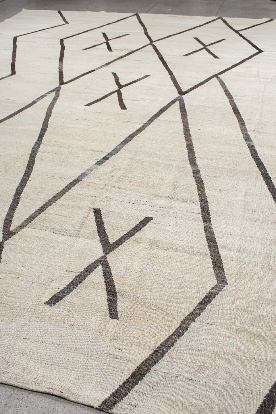 12' x 16' one-of-a-kind handmade vintage Kilim oversize rug. Color palette: ivory, charcoal, taupe, gray, black, beige