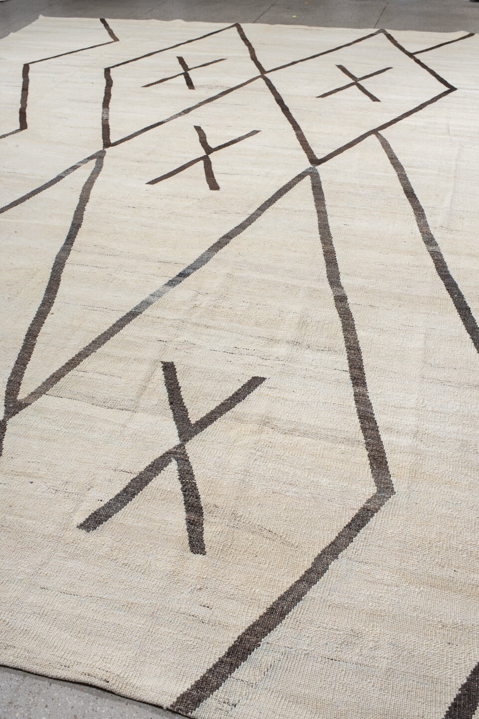 12' x 16' one-of-a-kind handmade vintage Kilim oversize rug. Color palette: antiquewhite, black, brown, dark gray, dim gray