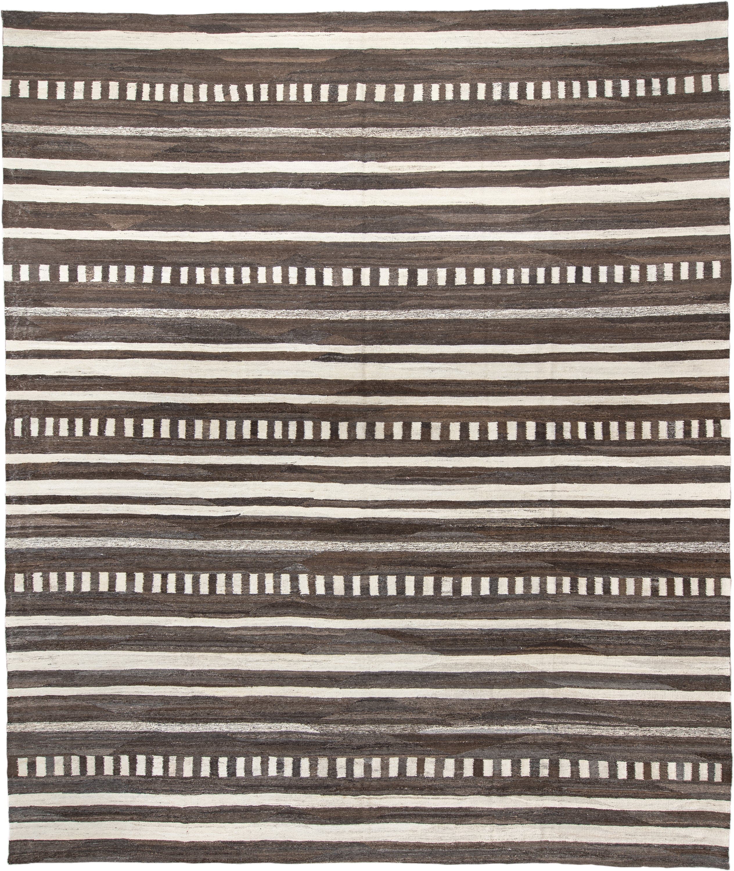 13' x 15' one-of-a-kind handmade vintage Kilim oversize rug. Color palette: brown, ivory, taupe, charcoal, beige, gray