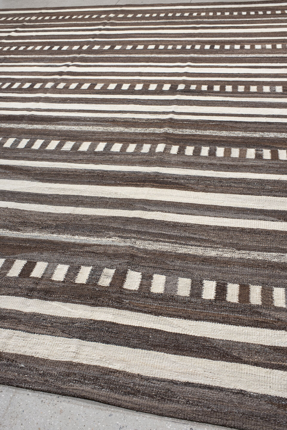 13' x 15' one-of-a-kind handmade vintage Kilim oversize rug. Color palette: brown, ivory, taupe, charcoal, beige, gray