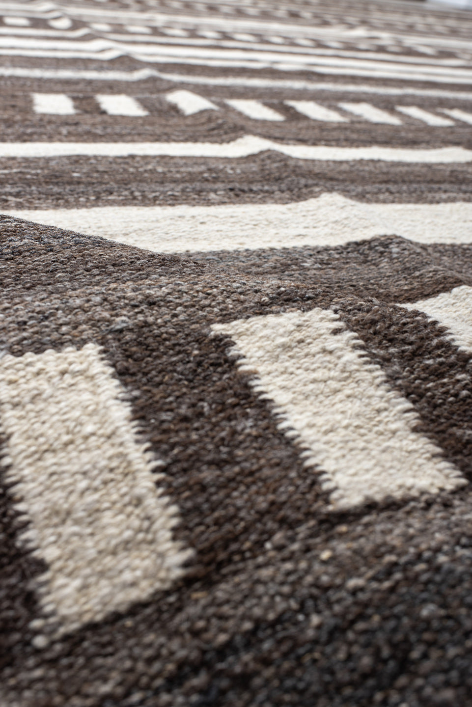 13' x 15' one-of-a-kind handmade vintage Kilim oversize rug. Color palette: brown, ivory, taupe, charcoal, beige, gray