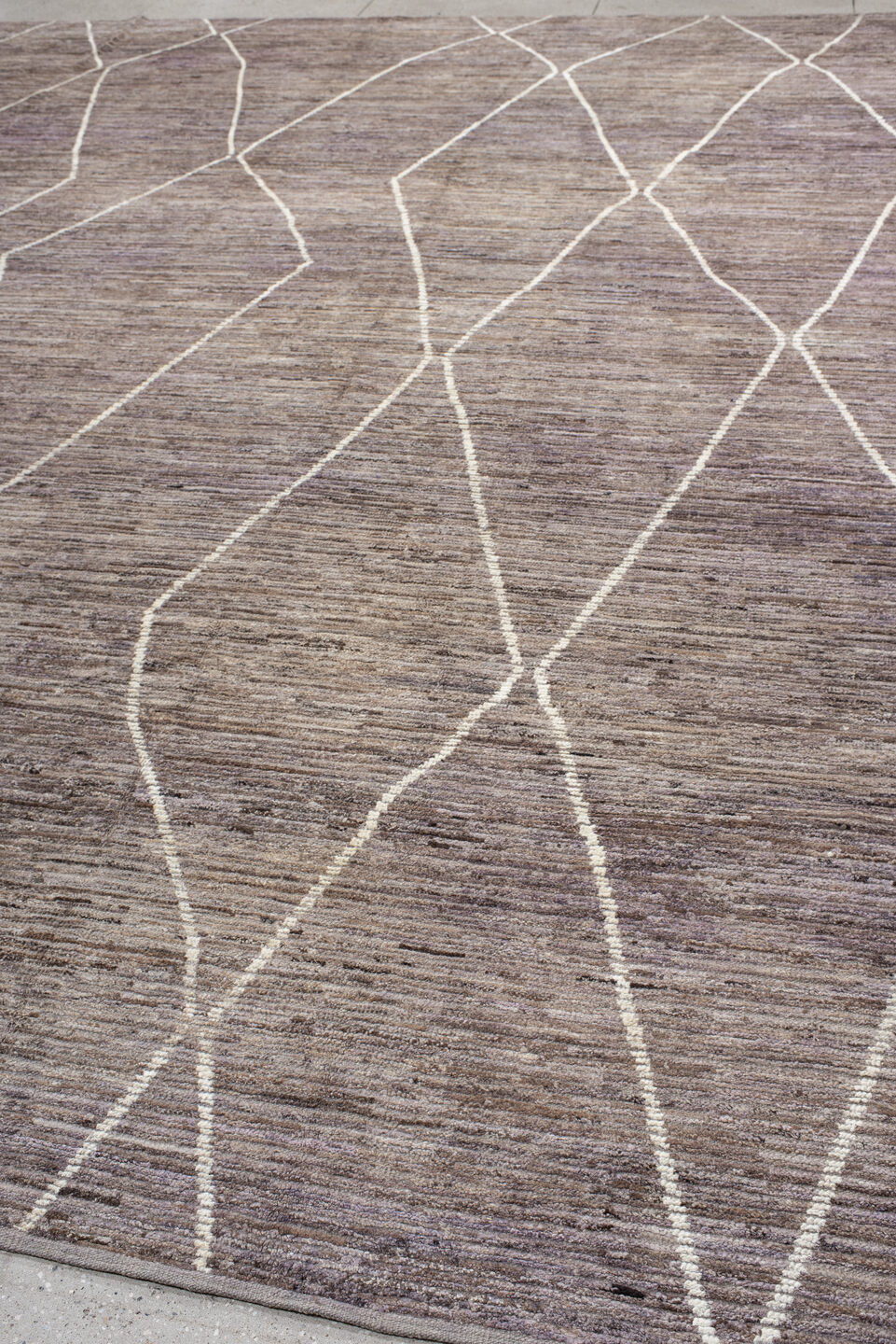 13' x 15' one-of-a-kind handmade vintage Tulu oversize rug. Color palette: brown, gray, light gray, off-white, pink