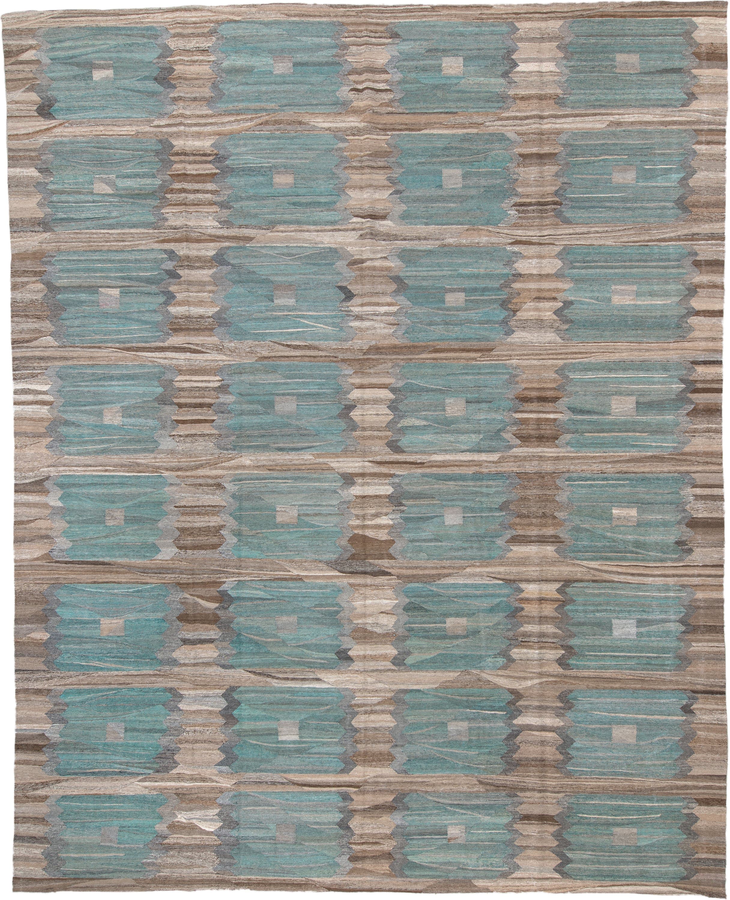 13' x 16' one-of-a-kind handmade vintage Kilim oversize rug. Color palette: taupe, aqua, beige, brown, gray, ivory, teal