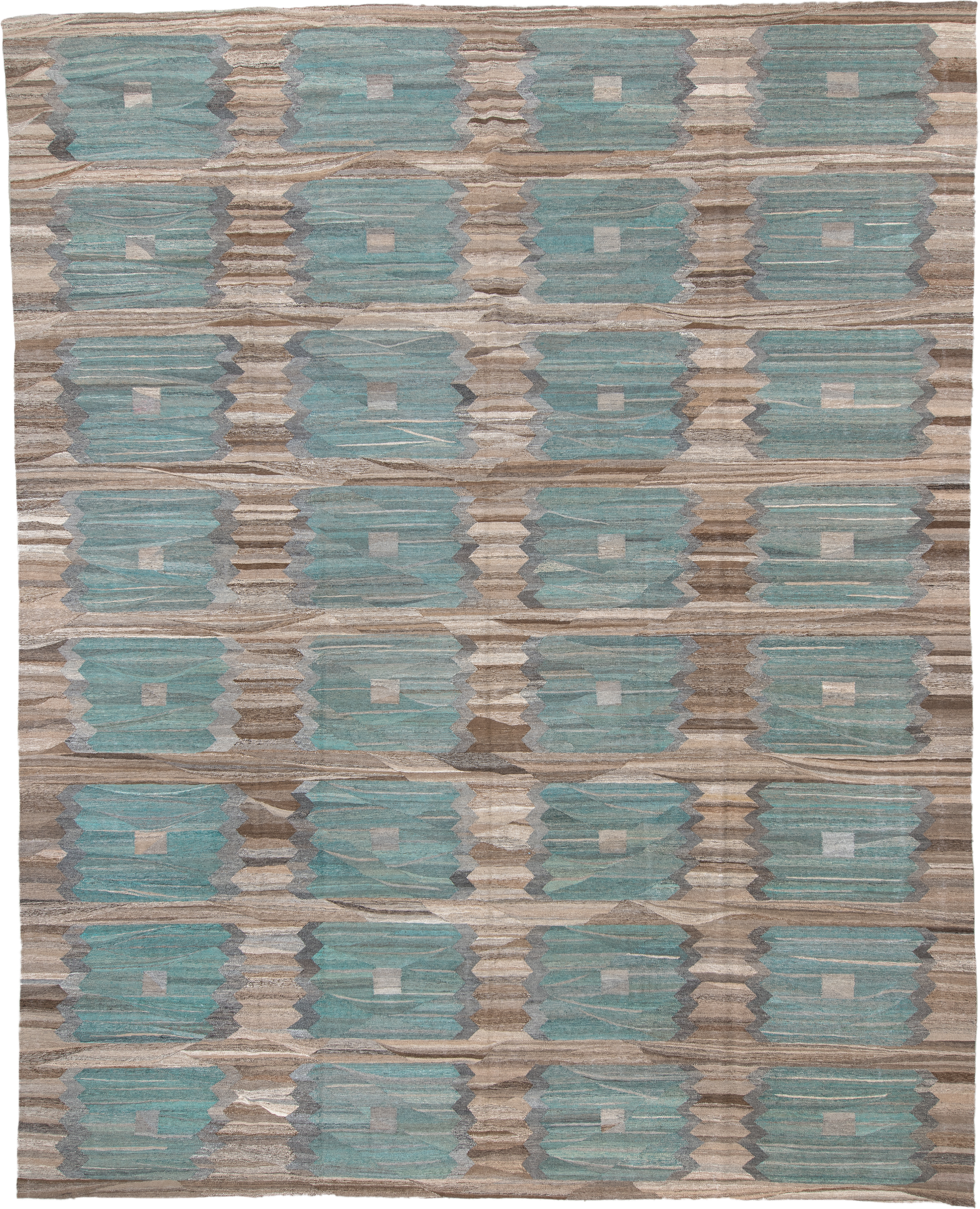 13' x 16' one-of-a-kind handmade vintage Kilim oversize rug. Color palette: taupe, aqua, beige, brown, gray, ivory, teal