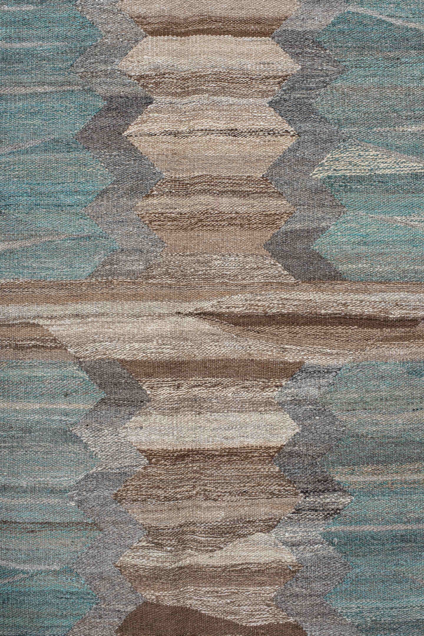 13' x 16' one-of-a-kind handmade vintage Kilim oversize rug. Color palette: taupe, aqua, beige, brown, gray, ivory, teal
