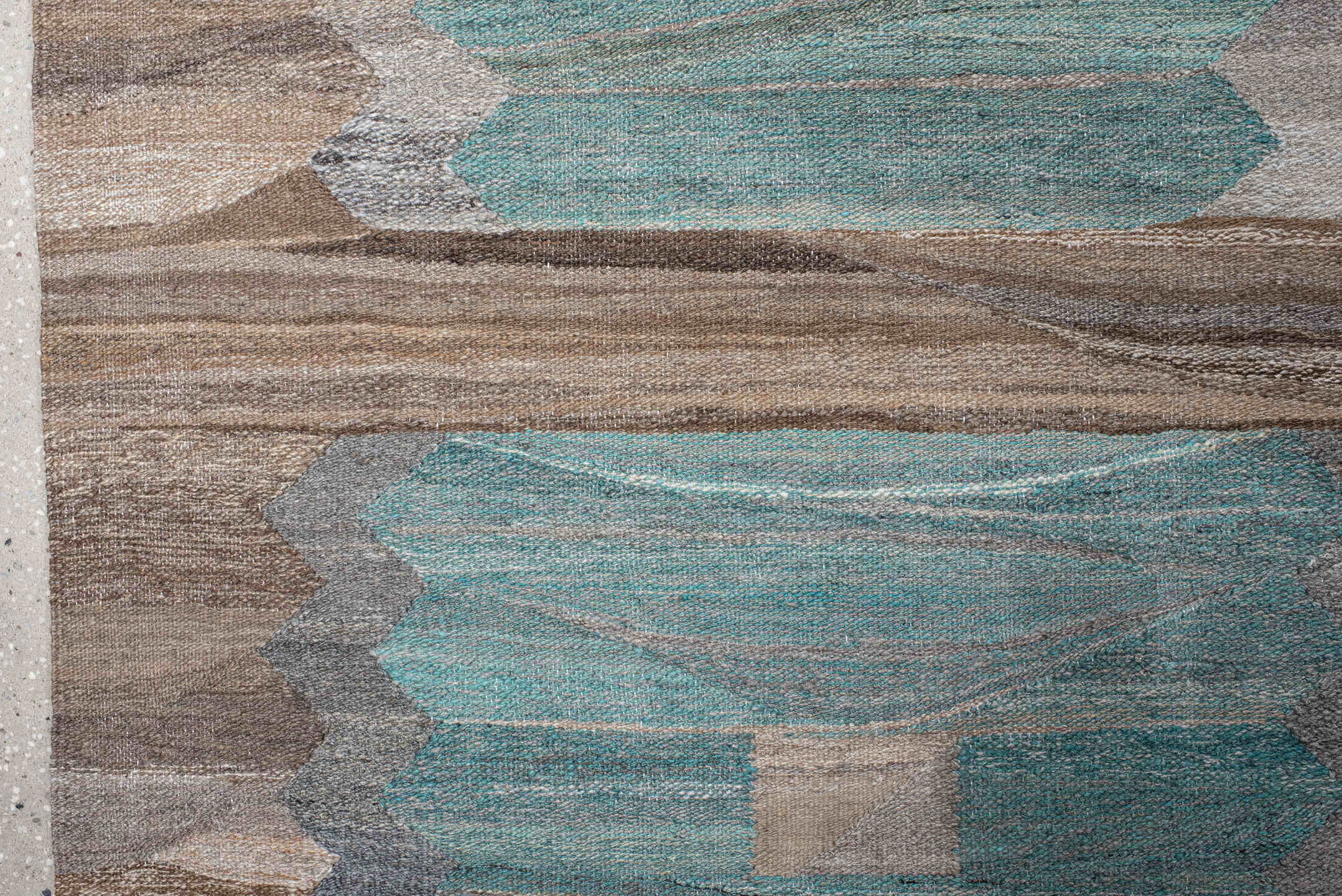 13' x 16' one-of-a-kind handmade vintage Kilim oversize rug. Color palette: taupe, aqua, beige, brown, gray, ivory, teal