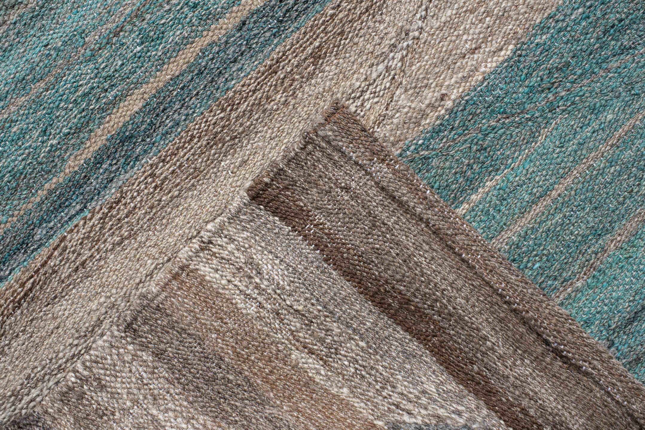 13' x 16' one-of-a-kind handmade vintage Kilim oversize rug. Color palette: taupe, aqua, beige, brown, gray, ivory, teal