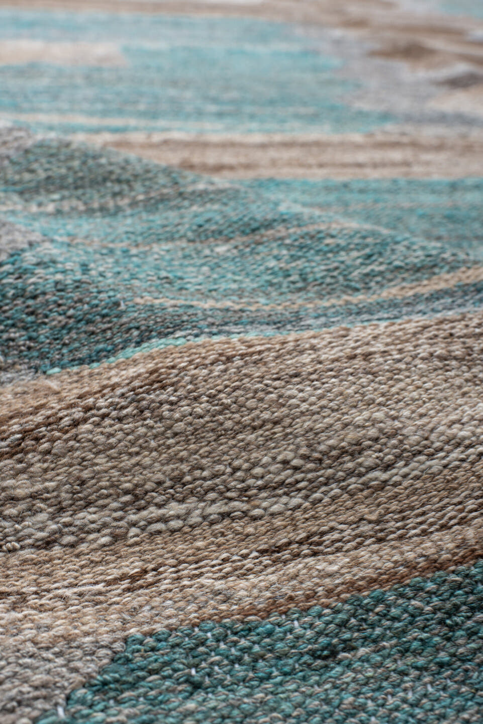 13' x 16' one-of-a-kind handmade vintage Kilim oversize rug. Color palette: taupe, aqua, beige, brown, gray, ivory, teal