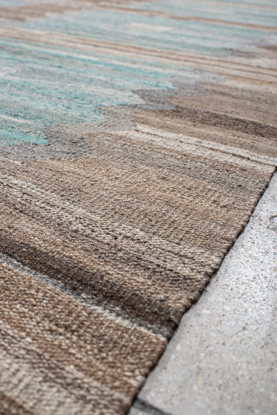 13' x 16' one-of-a-kind handmade vintage Kilim oversize rug. Color palette: taupe, aqua, beige, brown, gray, ivory, teal