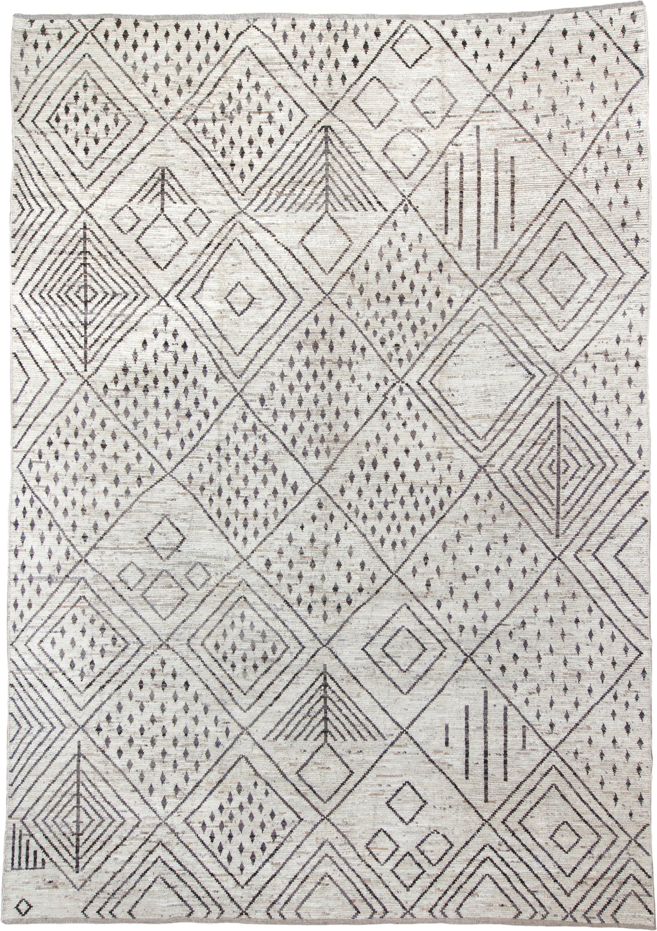 12' x 17' one-of-a-kind handmade vintage Tulu oversize rug. Color palette: ivory, charcoal, taupe, brown, gray, black, beige