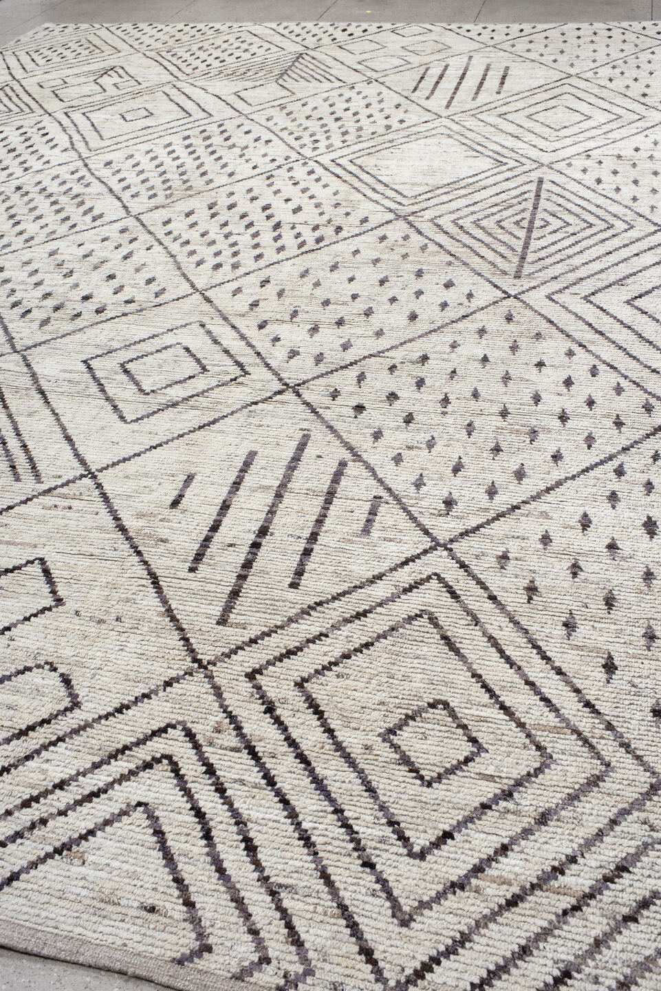 12' x 17' one-of-a-kind handmade vintage Tulu oversize rug. Color palette: black, dark gray, gainsboro, gray, light gray