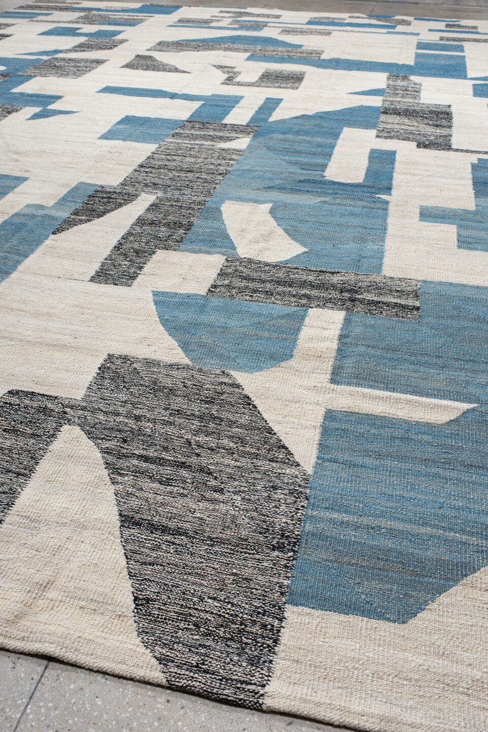 14' x 19' one-of-a-kind handmade vintage Kilim oversize rug. Color palette: ivory, blue, charcoal, slate, gray, black