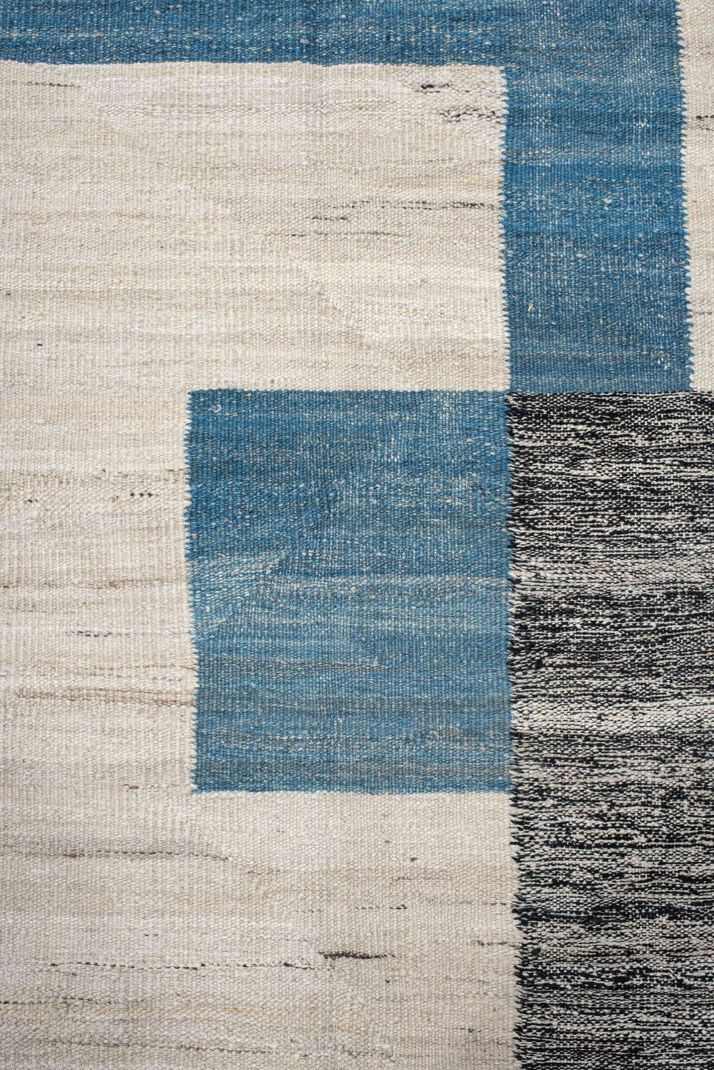 14' x 19' one-of-a-kind handmade vintage Kilim oversize rug. Color palette: ivory, blue, charcoal, slate, gray, black