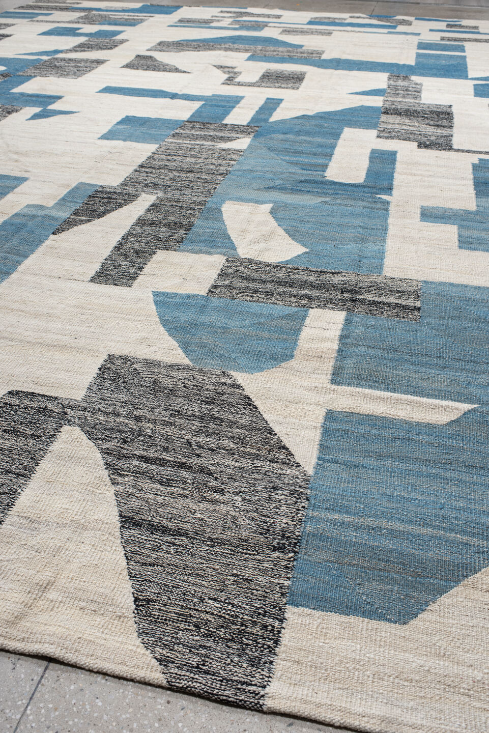 14' x 19' one-of-a-kind handmade vintage Kilim oversize rug. Color palette: black, blue, charcoal, dark gray, dim gray
