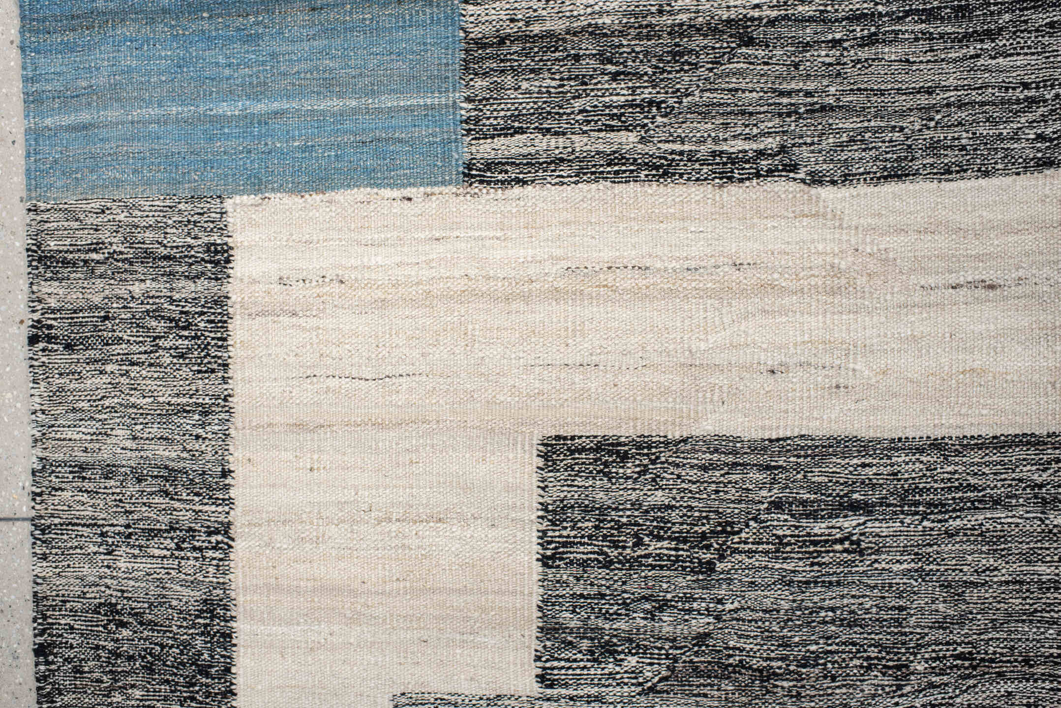 14' x 19' one-of-a-kind handmade vintage Kilim oversize rug. Color palette: ivory, blue, charcoal, slate, gray, black