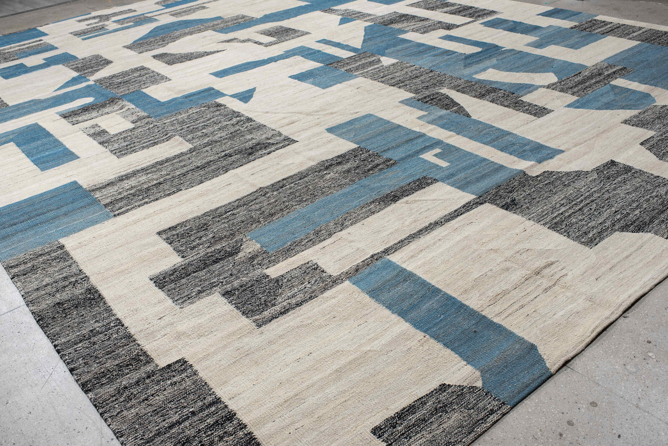 14' x 19' one-of-a-kind handmade vintage Kilim oversize rug. Color palette: ivory, blue, charcoal, slate, gray, black