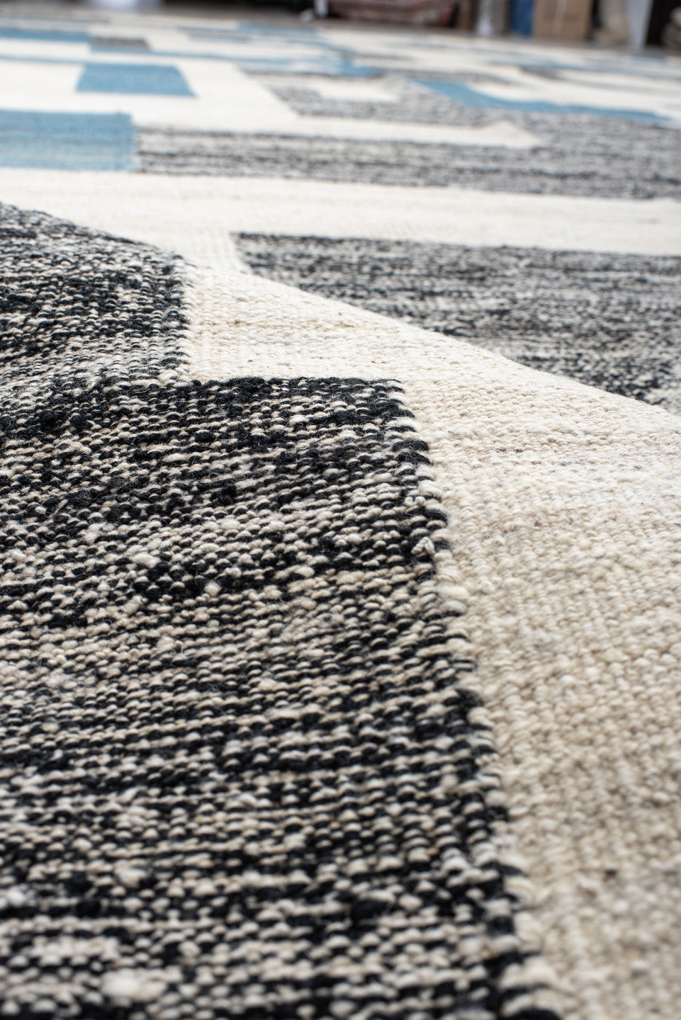 14' x 19' one-of-a-kind handmade vintage Kilim oversize rug. Color palette: ivory, blue, charcoal, slate, gray, black