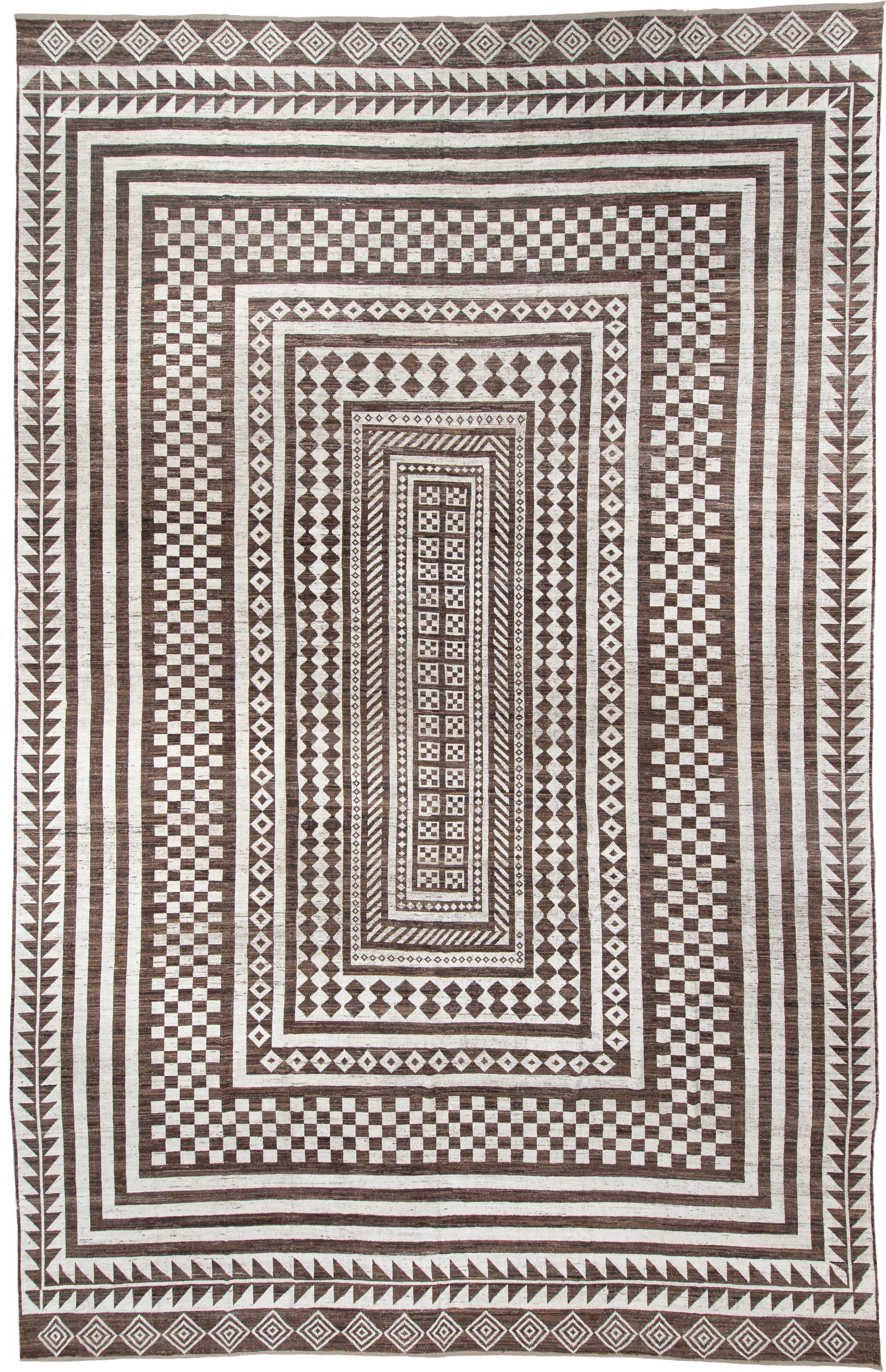 15' x 23' one-of-a-kind handmade vintage Tulu oversize rug. Color palette: ivory, brown, taupe, beige, gray