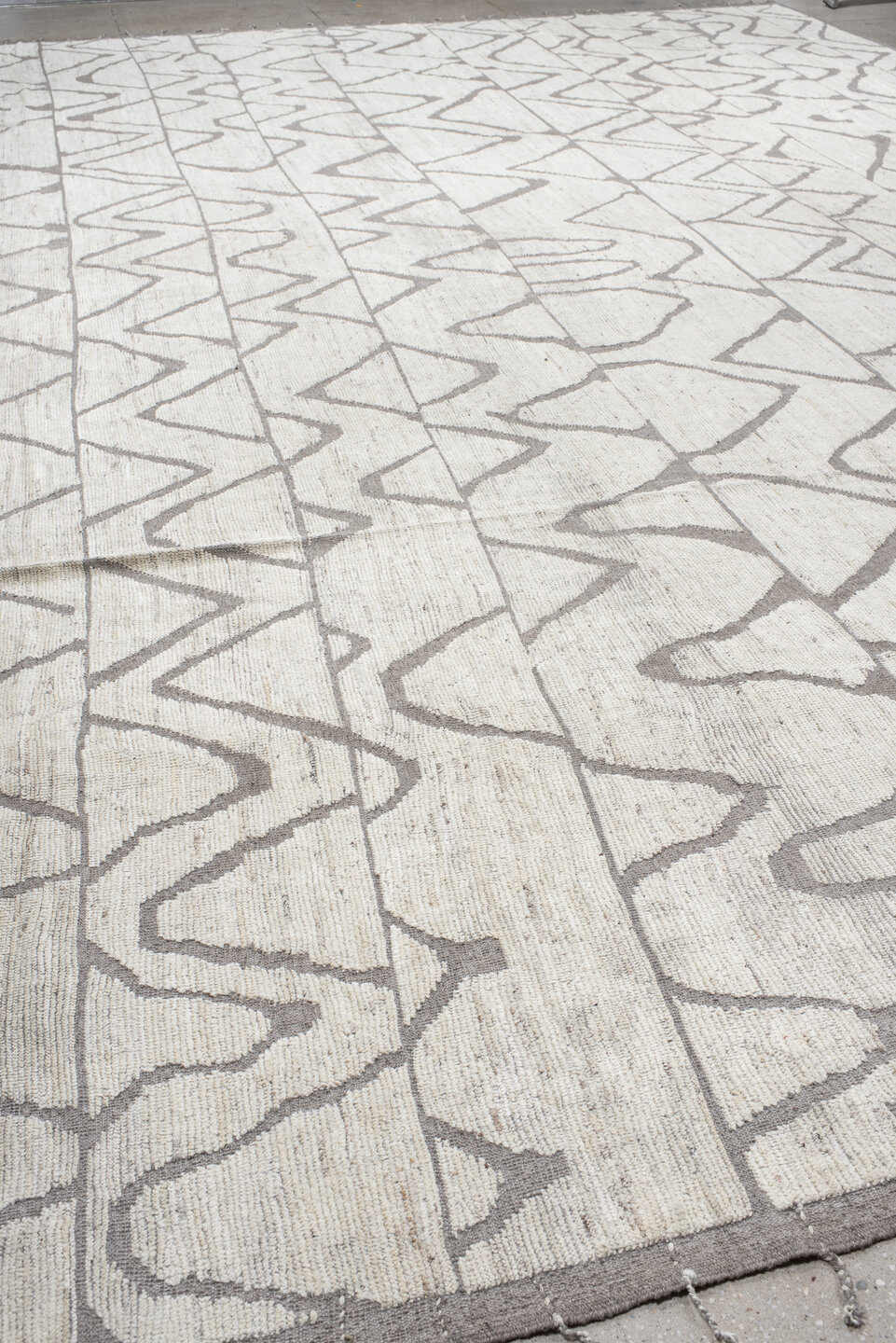 20' x 24' one-of-a-kind handmade vintage Tulu oversize rug. Color palette: dark gray, gainsboro, gray, light gray, linen