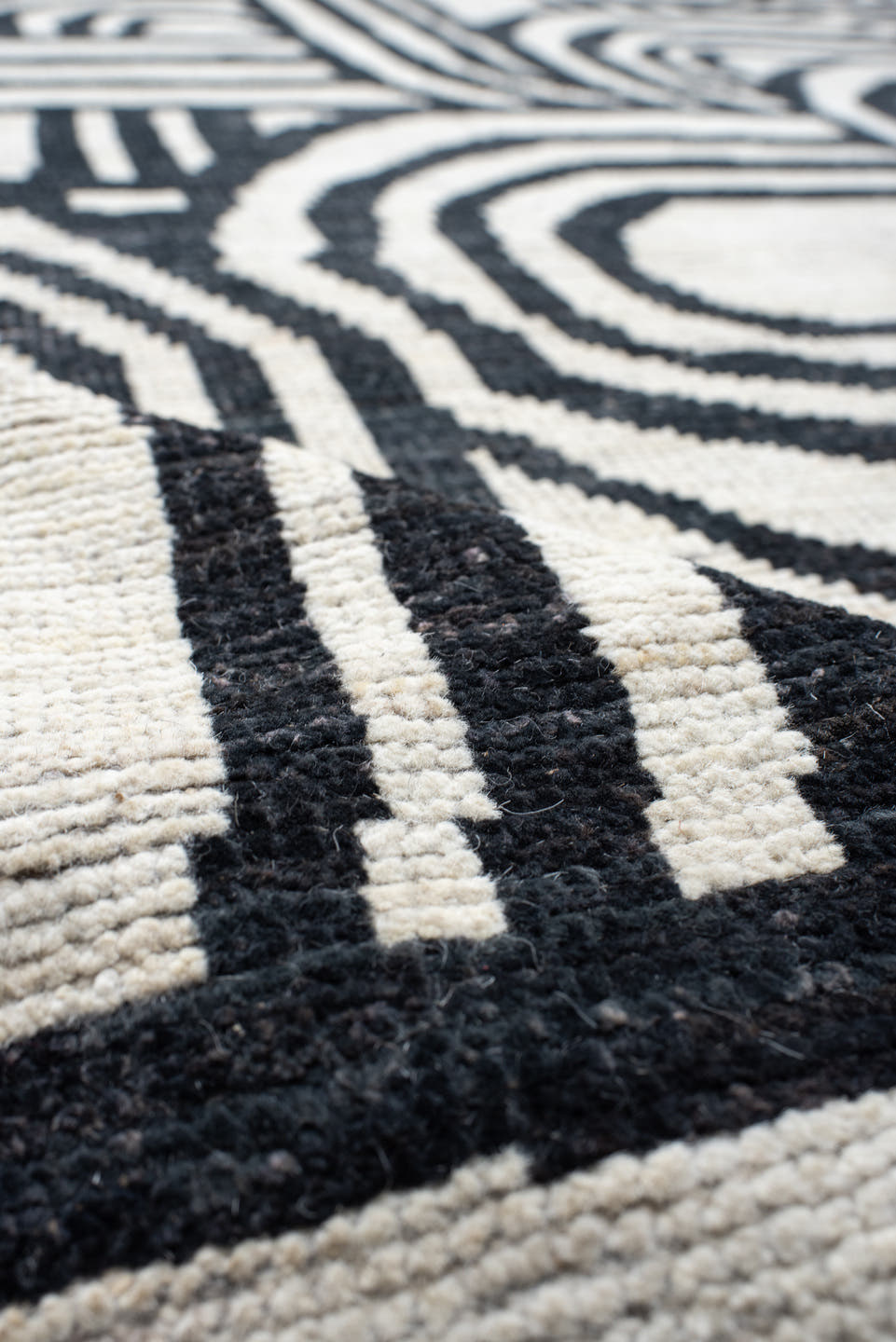 16' x 22' one-of-a-kind handmade vintage Tulu oversize rug. Color palette: ivory, charcoal, gray, black