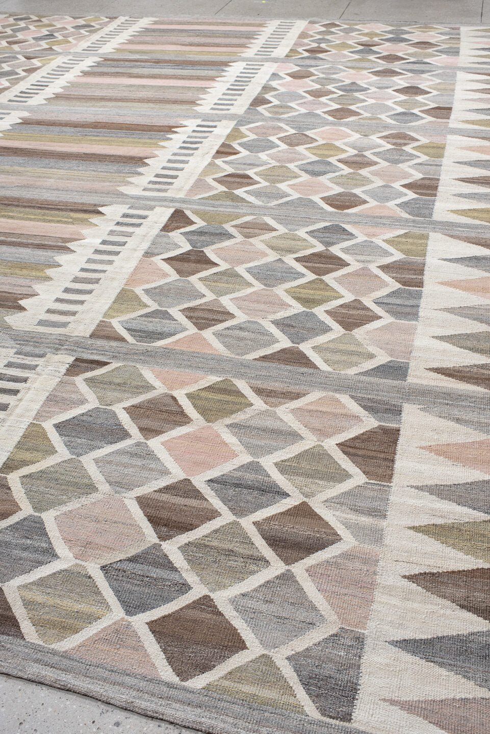 13' x 16' one-of-a-kind handmade vintage Kilim oversize rug. Color palette: taupe, gray, ivory, blush, olive, brown, beige