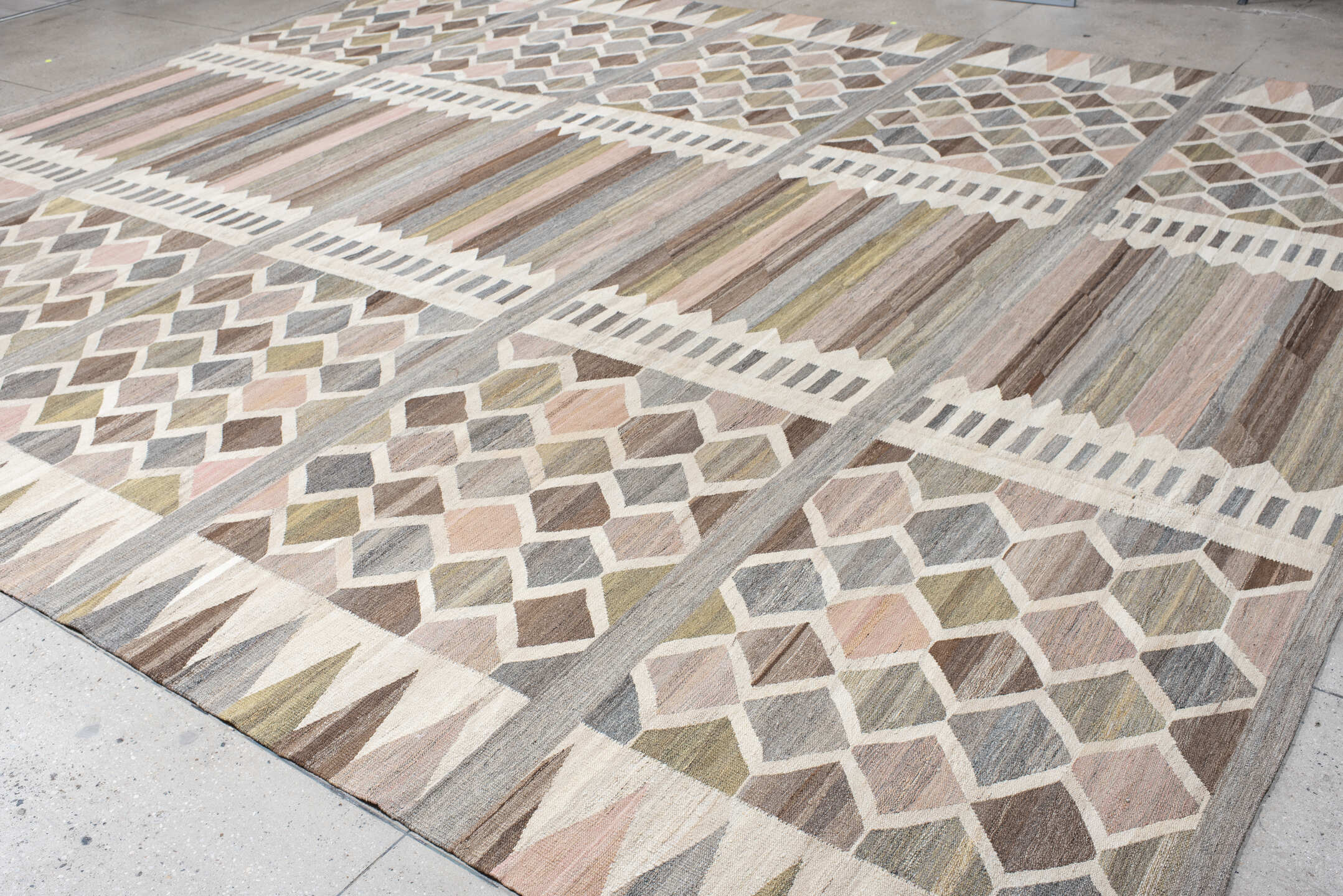 13' x 16' one-of-a-kind handmade vintage Kilim oversize rug. Color palette: taupe, gray, ivory, blush, olive, brown, beige