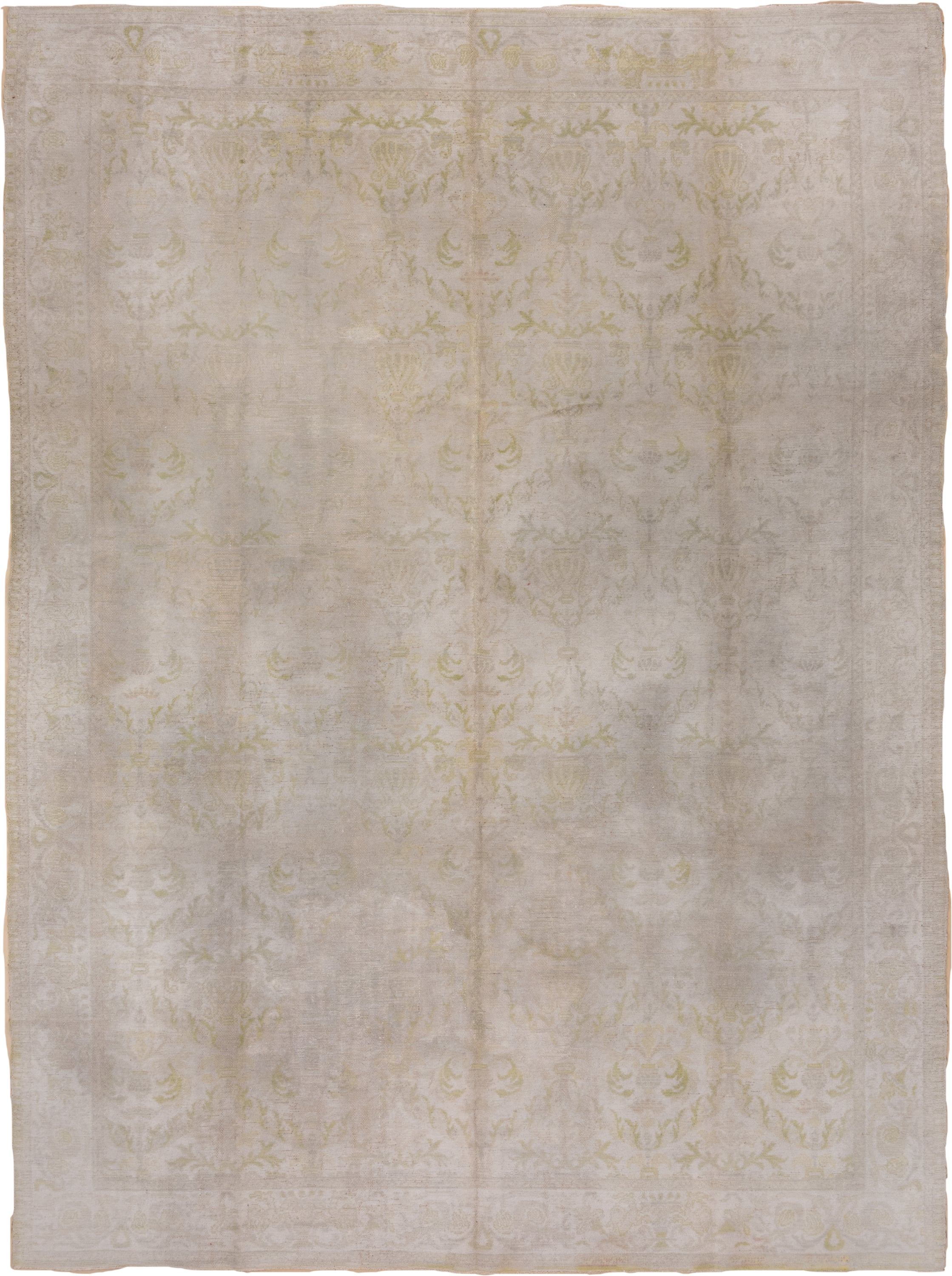 13' x 16' one-of-a-kind handmade vintage Kilim oversize rug. Color palette: ivory, taupe, sage, beige, cream, pale gold