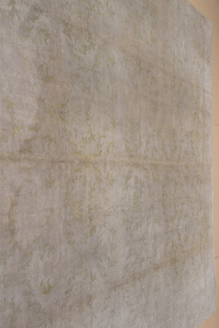 13' x 16' one-of-a-kind handmade vintage Kilim oversize rug. Color palette: ivory, taupe, sage, beige, cream, pale gold