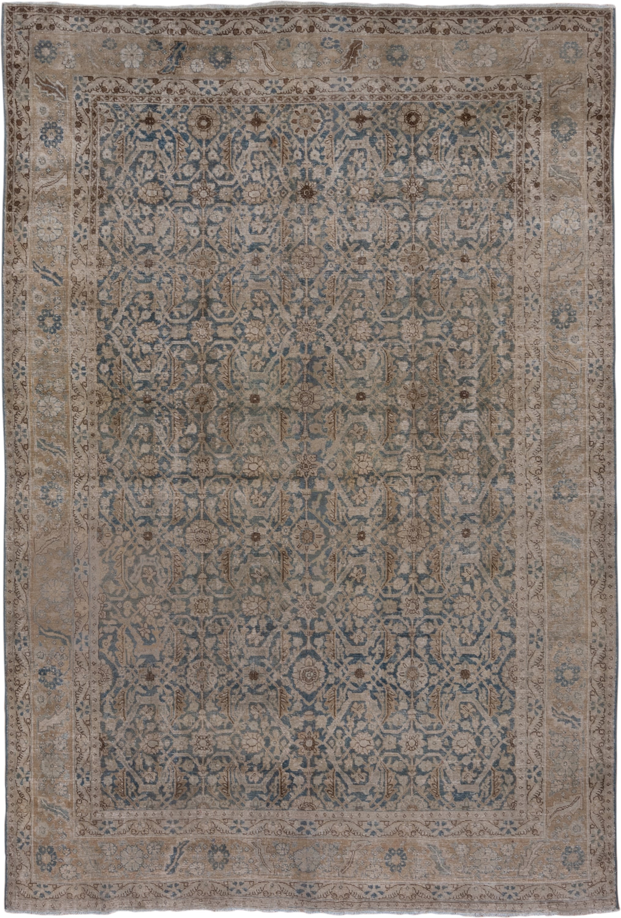 13' x 16' one-of-a-kind handmade vintage Tulu oversize rug. Color palette: taupe, blue gray, ivory, camel, brown, beige