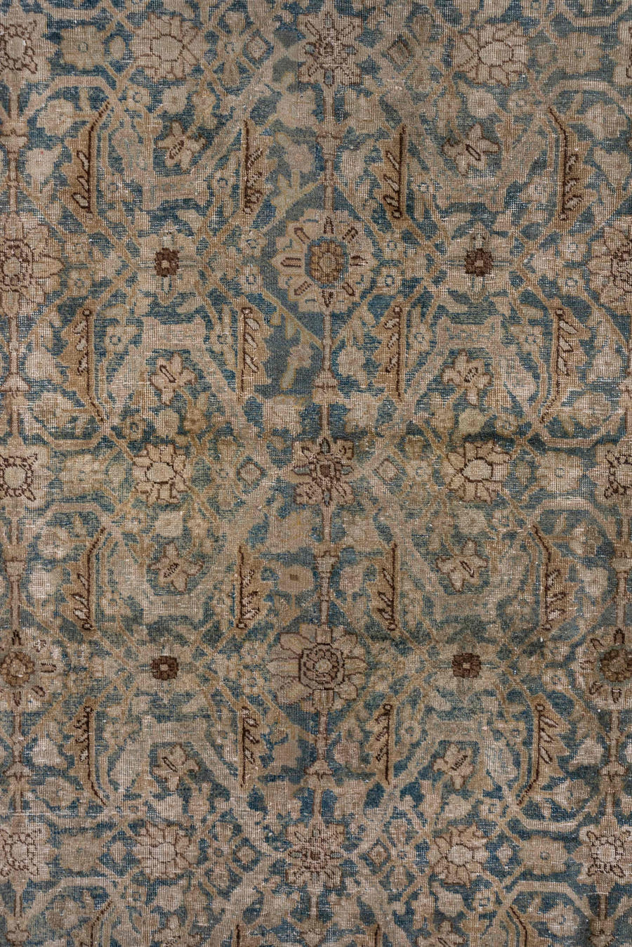 13' x 16' one-of-a-kind handmade vintage Tulu oversize rug. Color palette: taupe, blue gray, ivory, camel, brown, beige