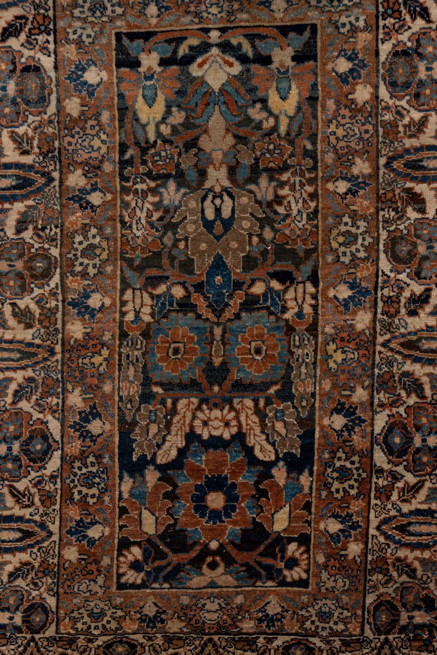 13' x 15' one-of-a-kind handmade vintage Tulu oversize rug. Color palette: ivory, camel, indigo, taupe, slate, brown