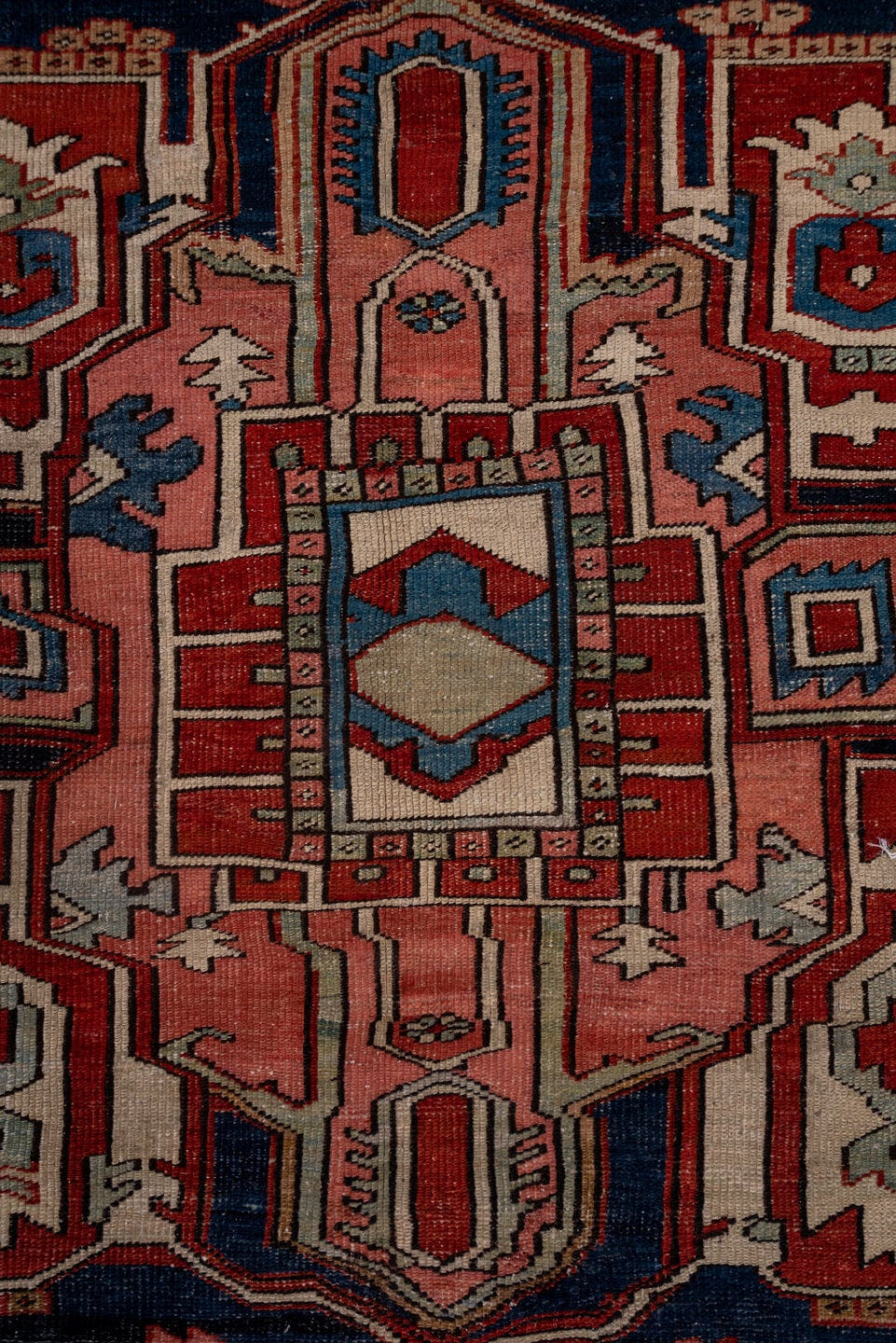 8' x 12' one-of-a-kind handmade vintage Kilim large size rug. Color palette: terracotta, ivory, deep blue, rose, slate