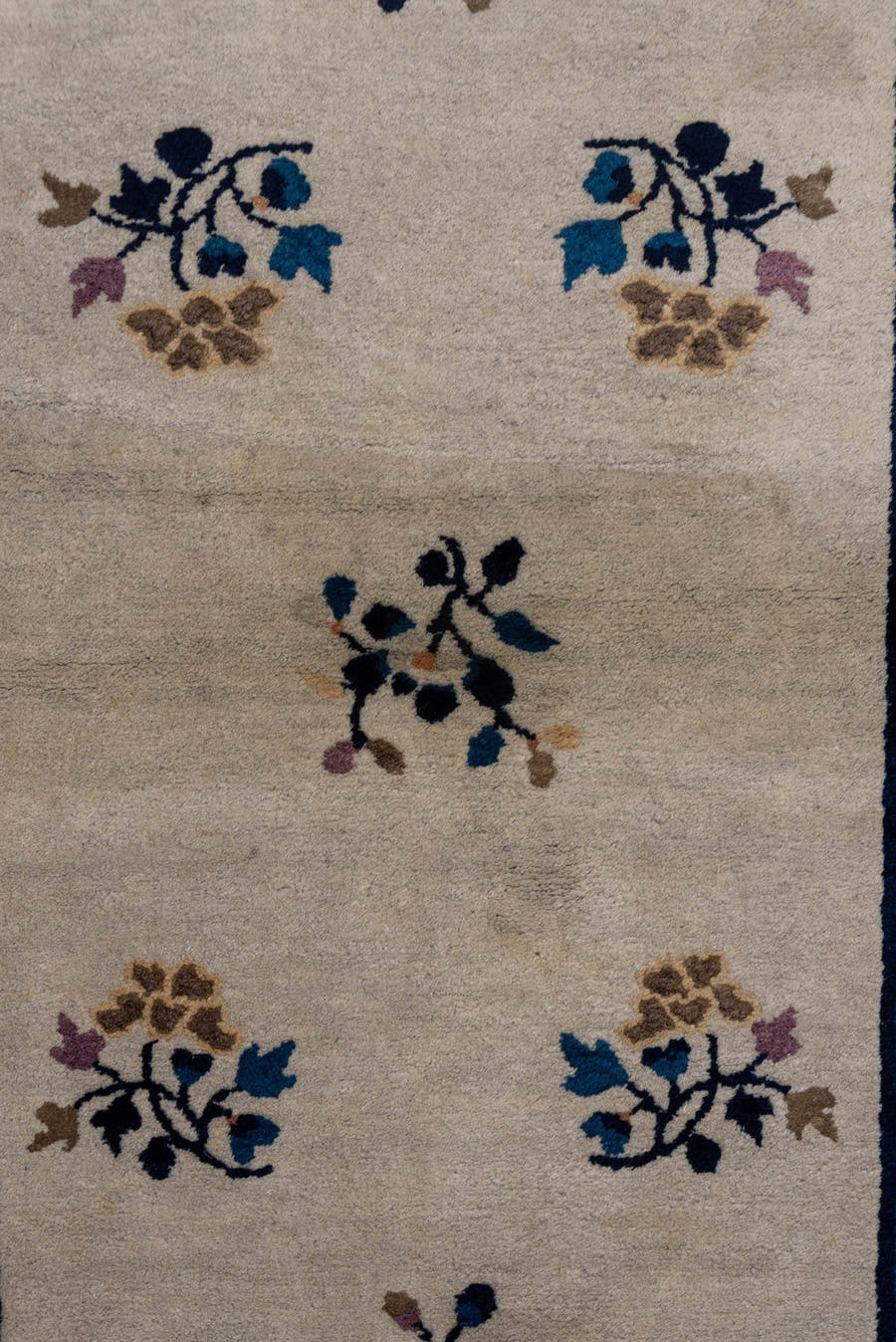 12' x 15' one-of-a-kind handmade vintage Afghan oversize rug. Color palette: ivory, navy, camel, rose, sky blue, taupe