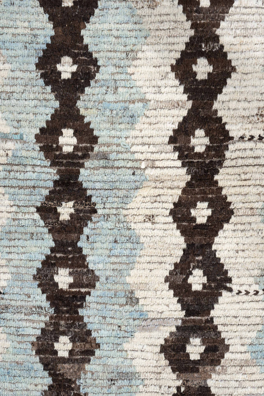 3' x 12' one-of-a-kind handmade vintage Tulu runner rug. Color palette: ivory, pale blue, dark brown, taupe, charcoal