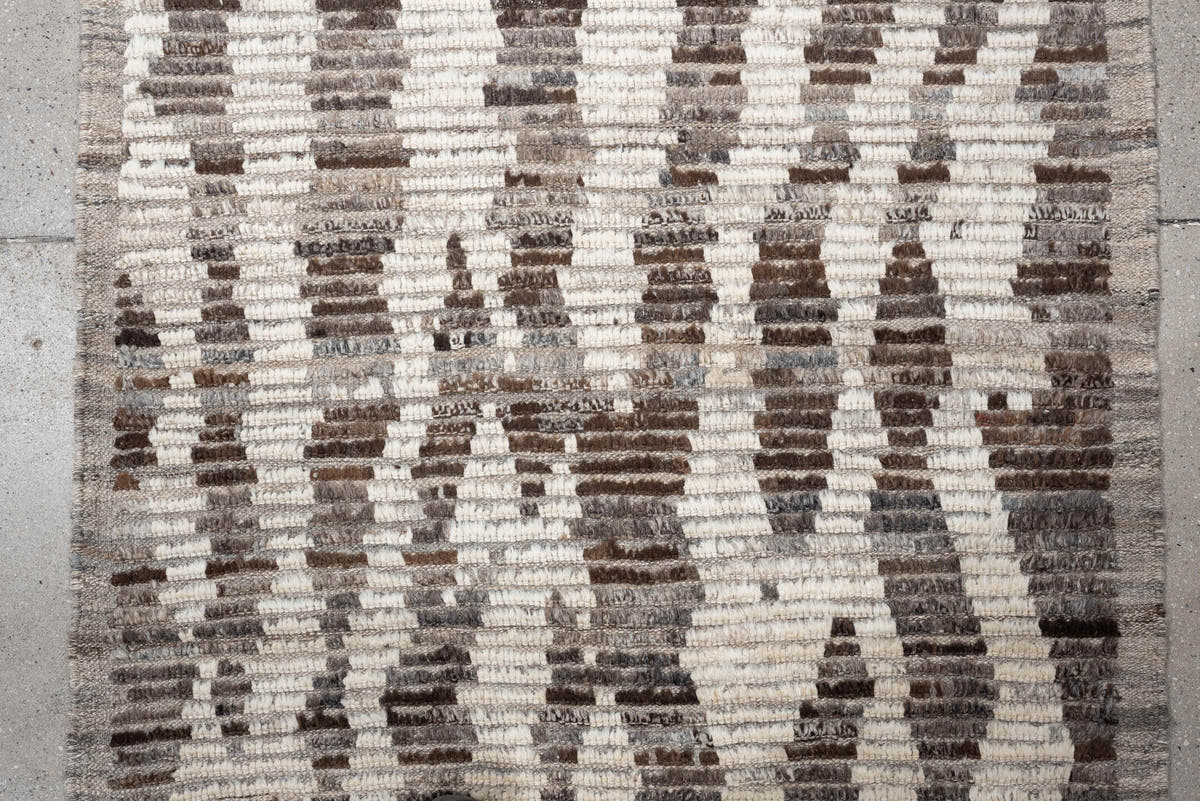 3' x 11' one-of-a-kind handmade vintage Tulu runner rug. Color palette: ivory, taupe, brown, charcoal, gray, cream, beige