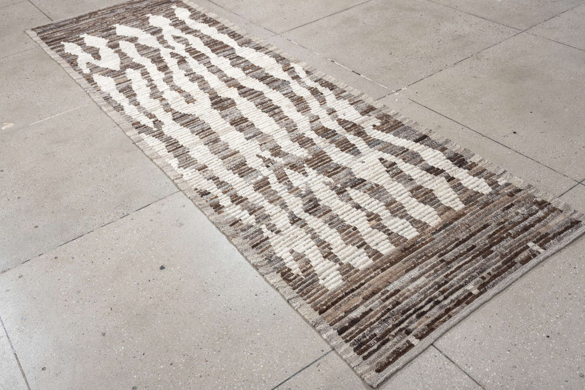 3' x 11' one-of-a-kind handmade vintage Tulu runner rug. Color palette: ivory, taupe, brown, charcoal, gray, cream, beige