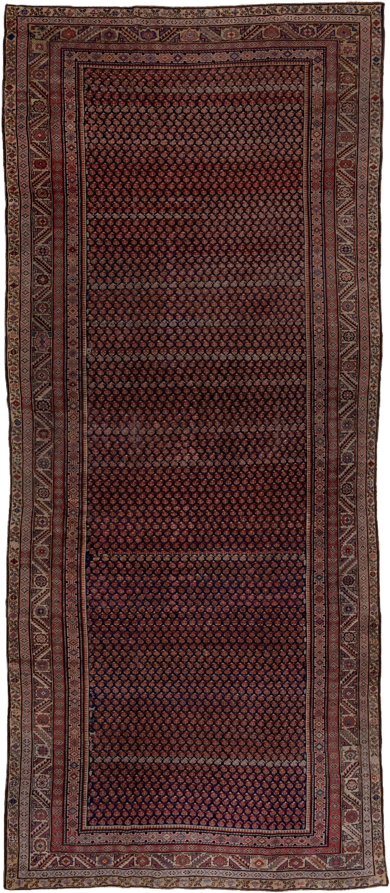 10' x 13' one-of-a-kind handmade vintage Afghan large size rug. Color palette: burgundy, ivory, navy, rust, camel, taupe