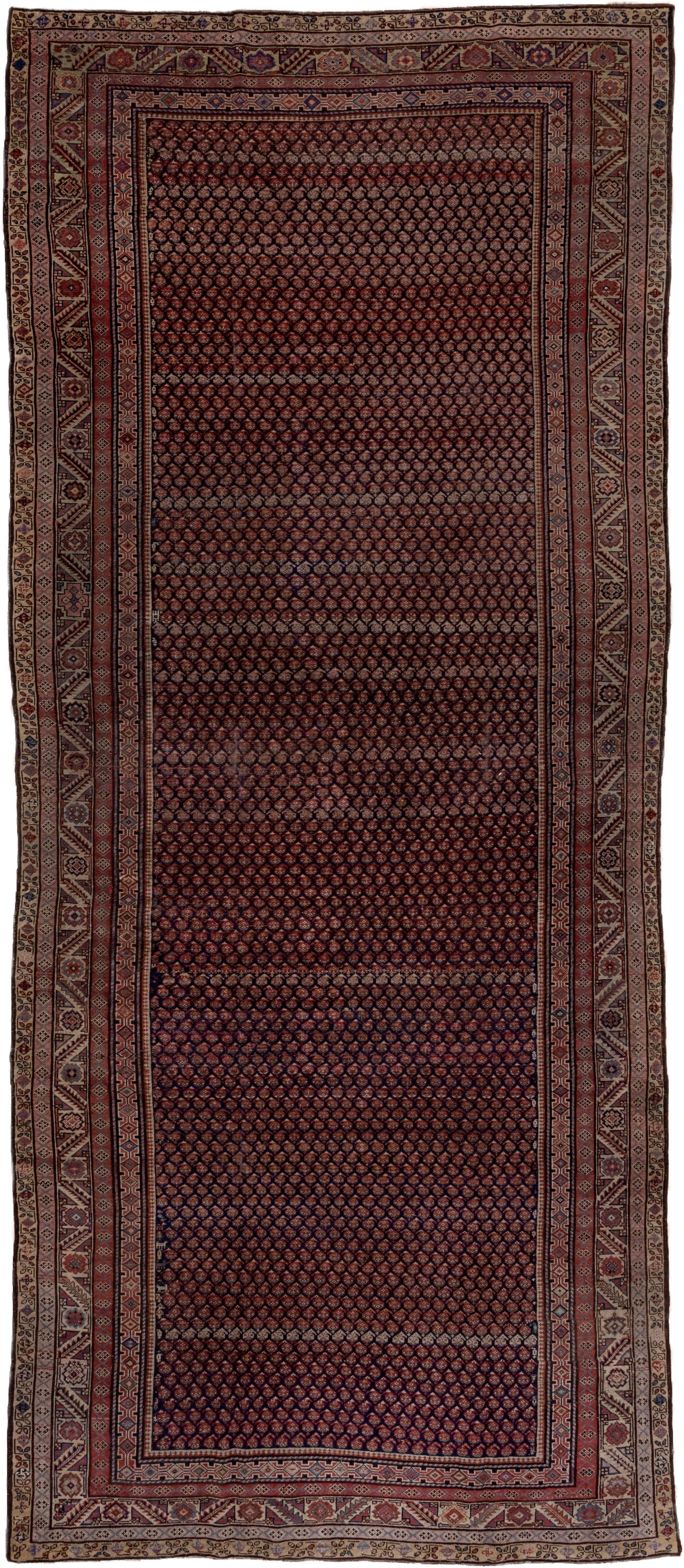 10' x 13' one-of-a-kind handmade vintage Afghan large size rug. Color palette: burgundy, ivory, navy, rust, camel, taupe
