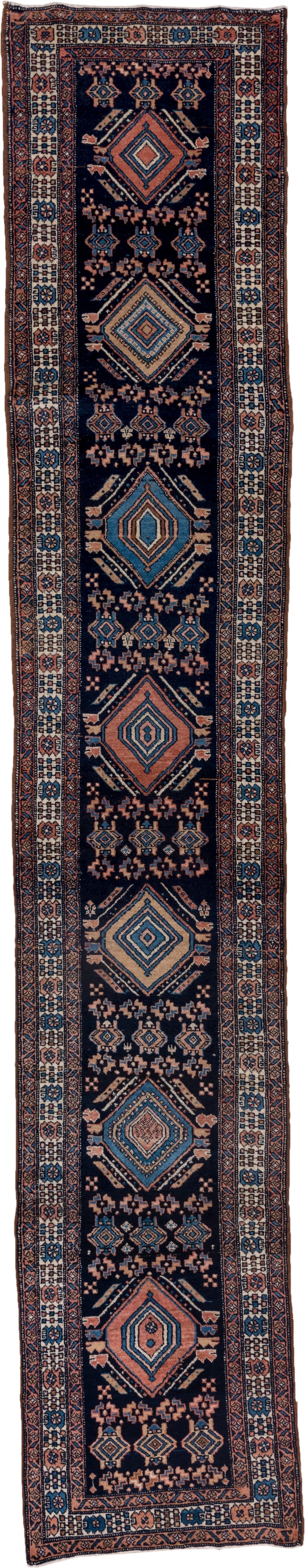 12' x 18' one-of-a-kind handmade vintage Kilim oversize rug. Color palette: navy, ivory, sky blue, terracotta, camel, rust