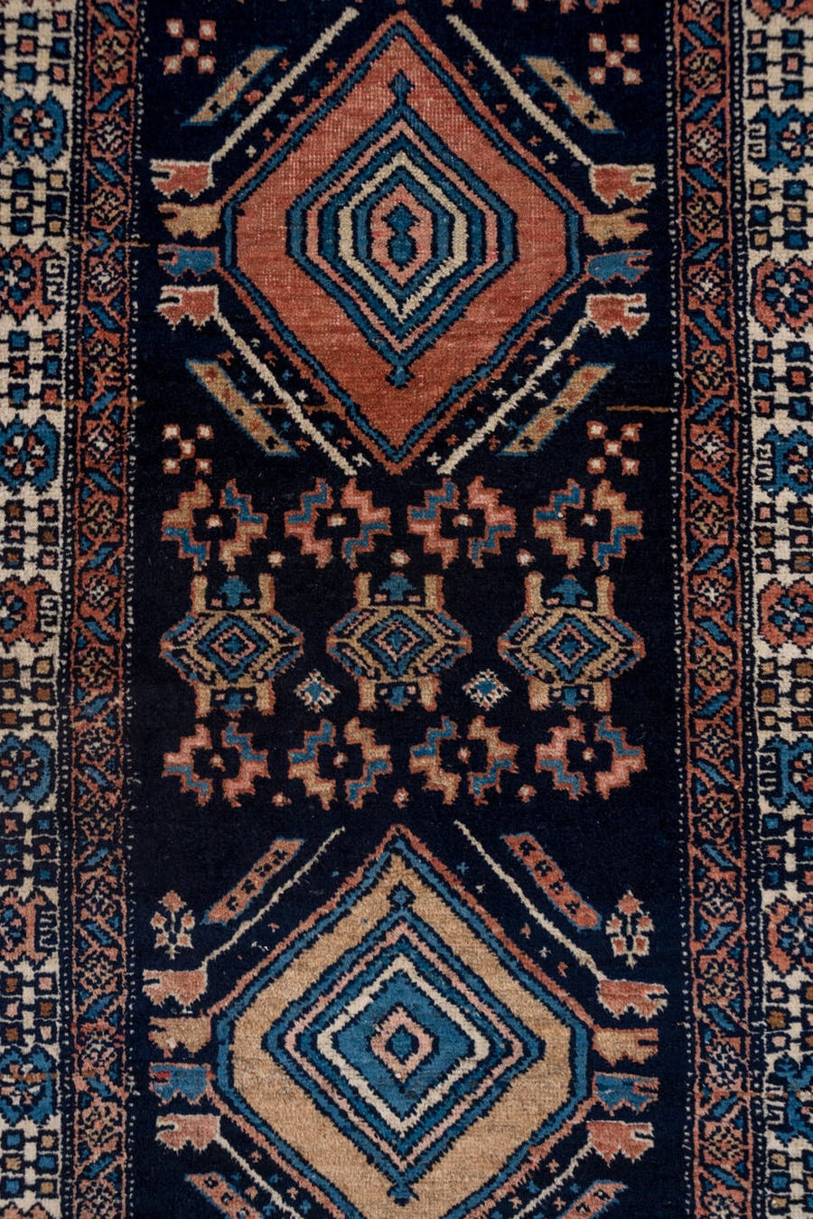 12' x 18' one-of-a-kind handmade vintage Kilim oversize rug. Color palette: navy, ivory, sky blue, terracotta, camel, rust