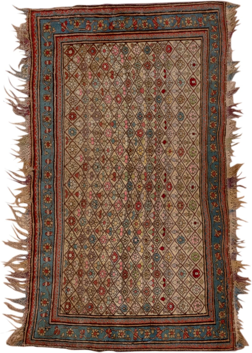 10' x 13' one-of-a-kind handmade vintage Afghan large size rug. Color palette: ivory, muted blue, rust, rose, taupe, camel